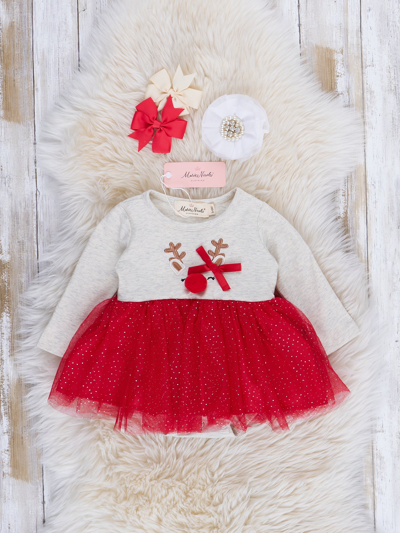 Red & Heathered Oatmeal Reindeer Sparkle Tulle Romper - Marie Nicole Clothing