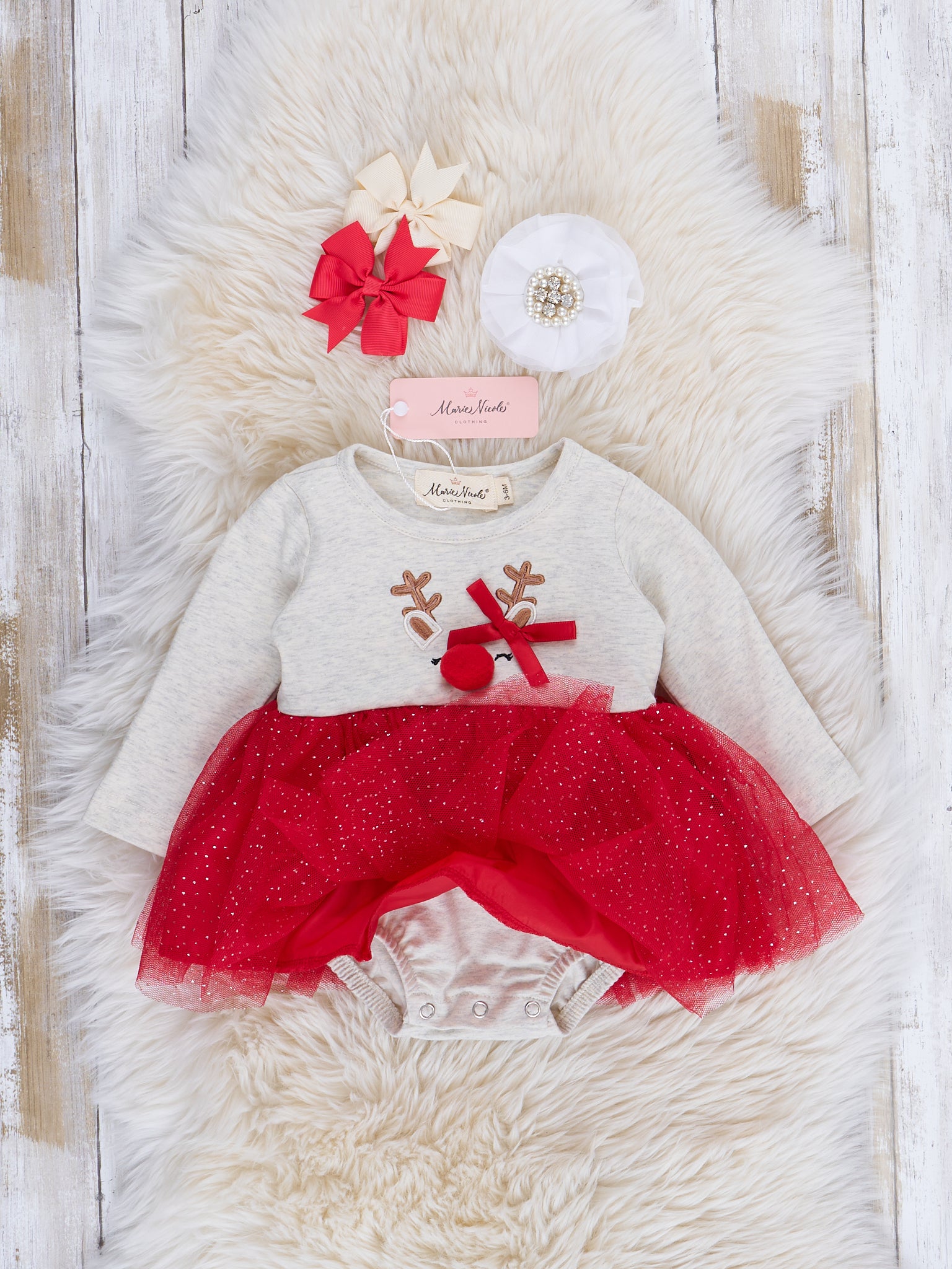 Red & Heathered Oatmeal Reindeer Sparkle Tulle Romper - Marie Nicole Clothing