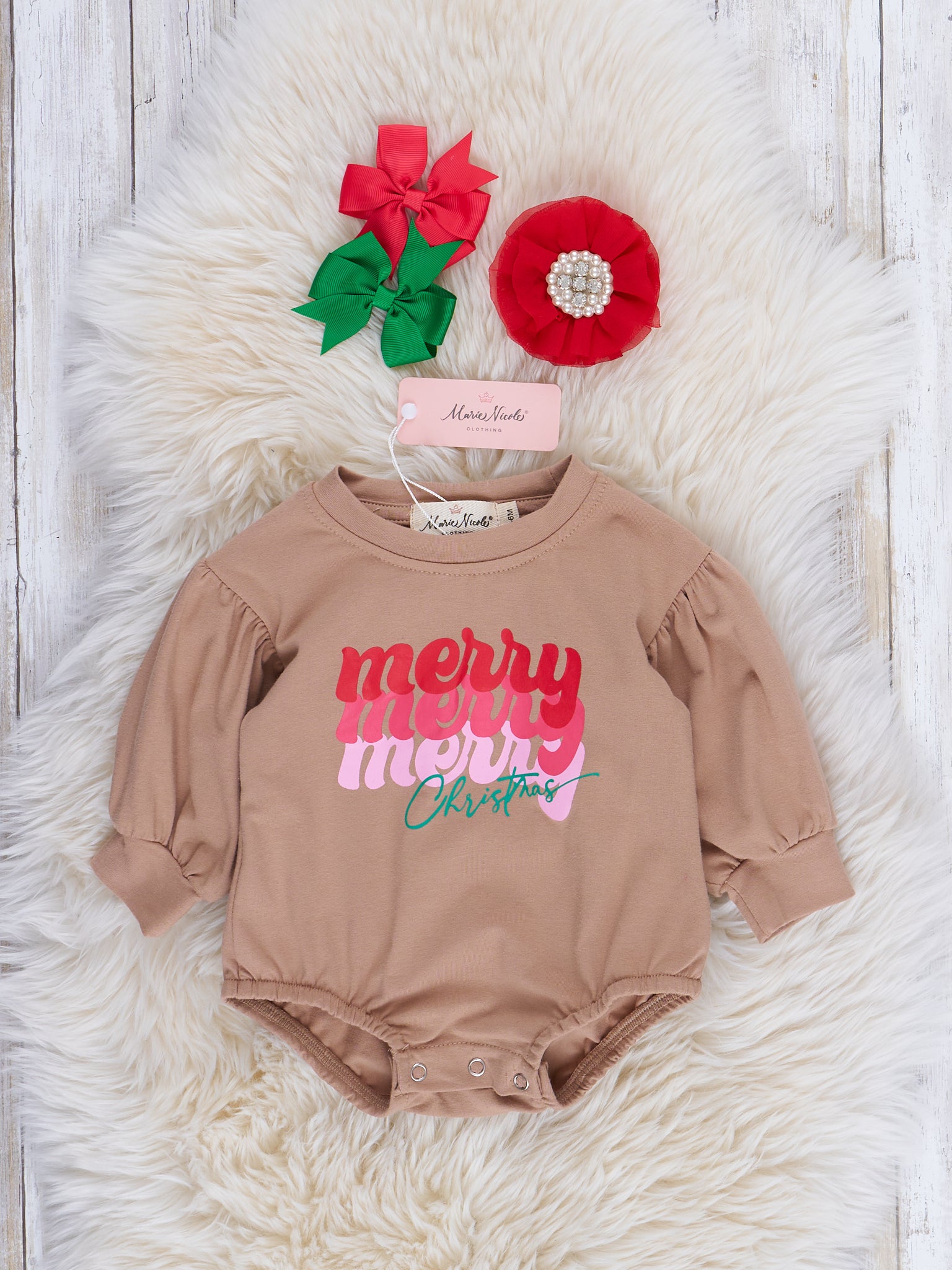 Beige "Merry Christmas" Puff Sleeve Romper - Marie Nicole Clothing