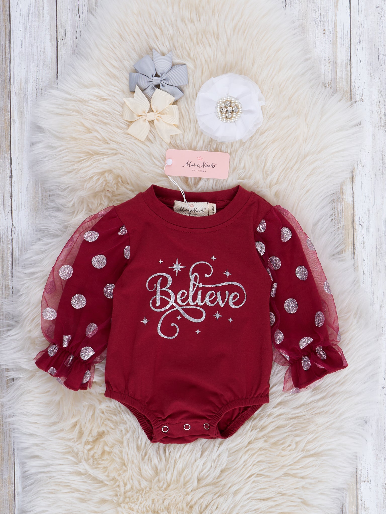 Maroon "Believe" Polka Dot Romper w/ Pants - Marie Nicole Clothing