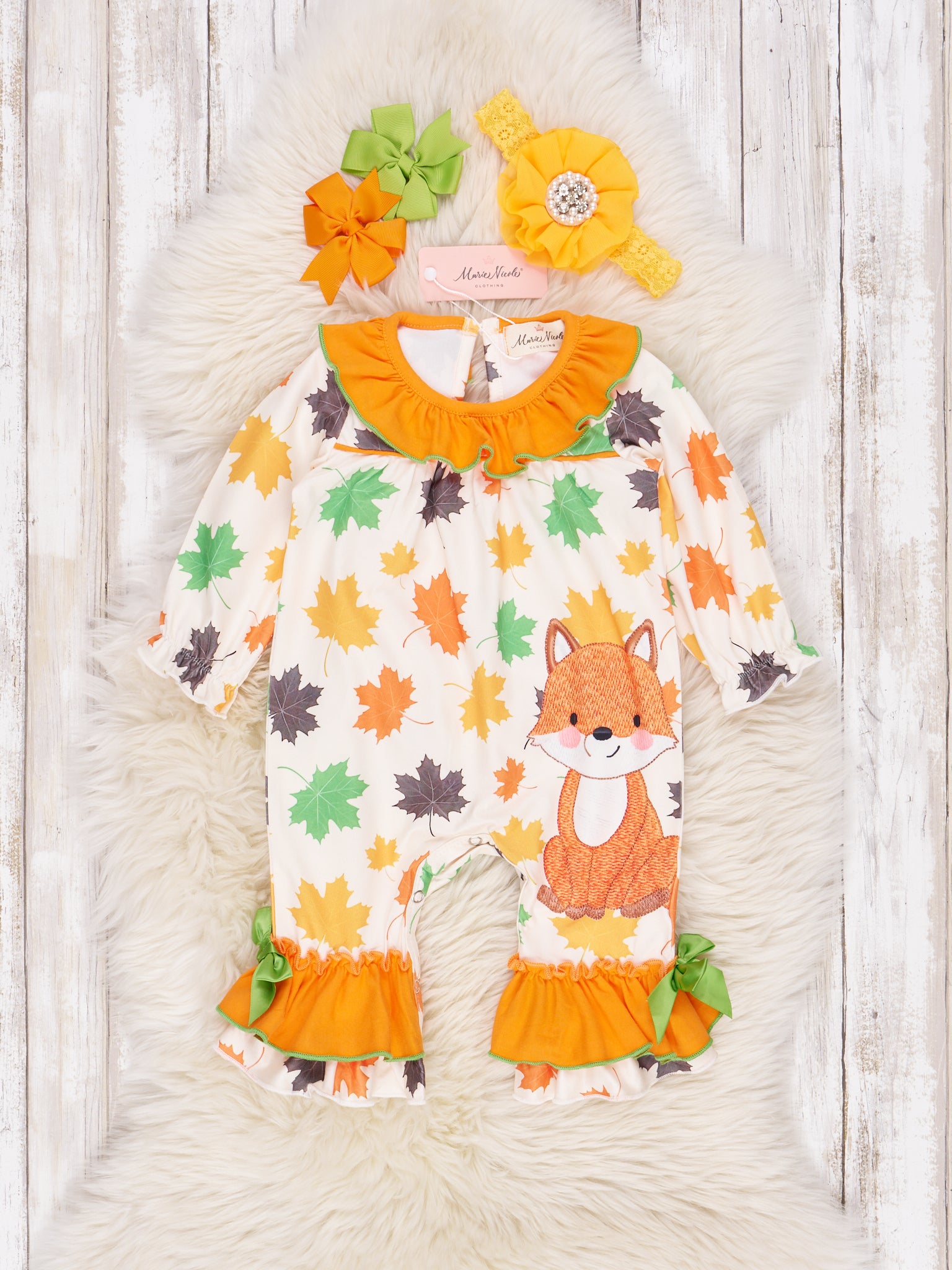 Orange and Green Little Fox Ruffle Romper - Marie Nicole Clothing