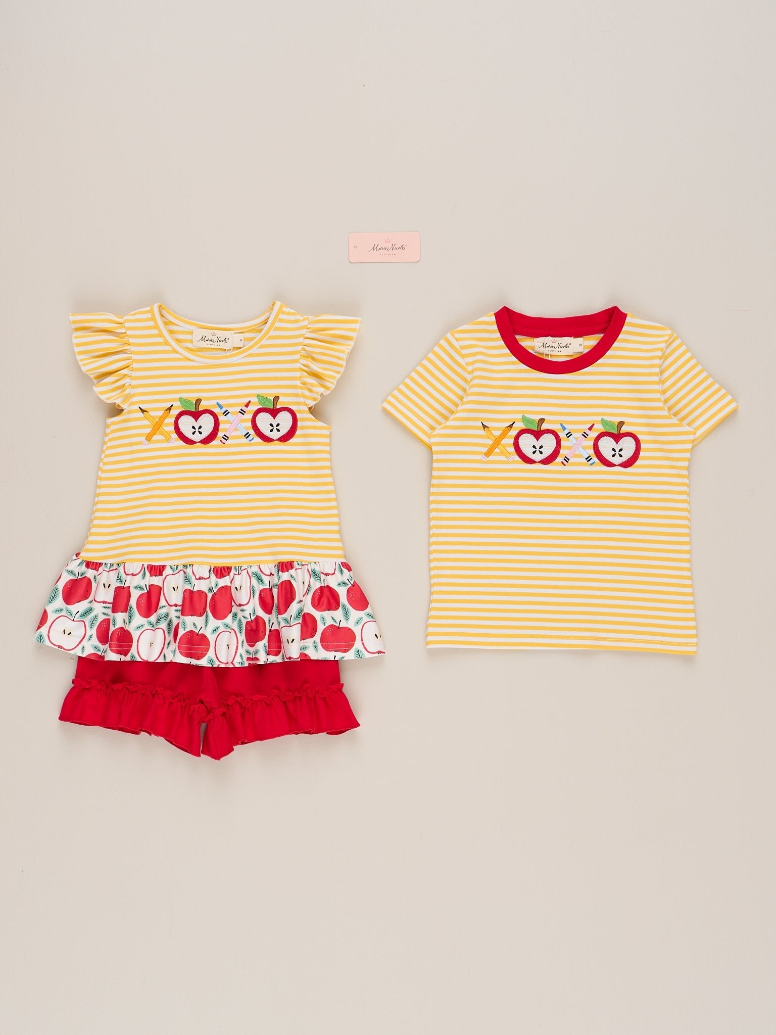 Striped Embroidered Apples & Pencils Cotton Shirt - Marie Nicole Clothing