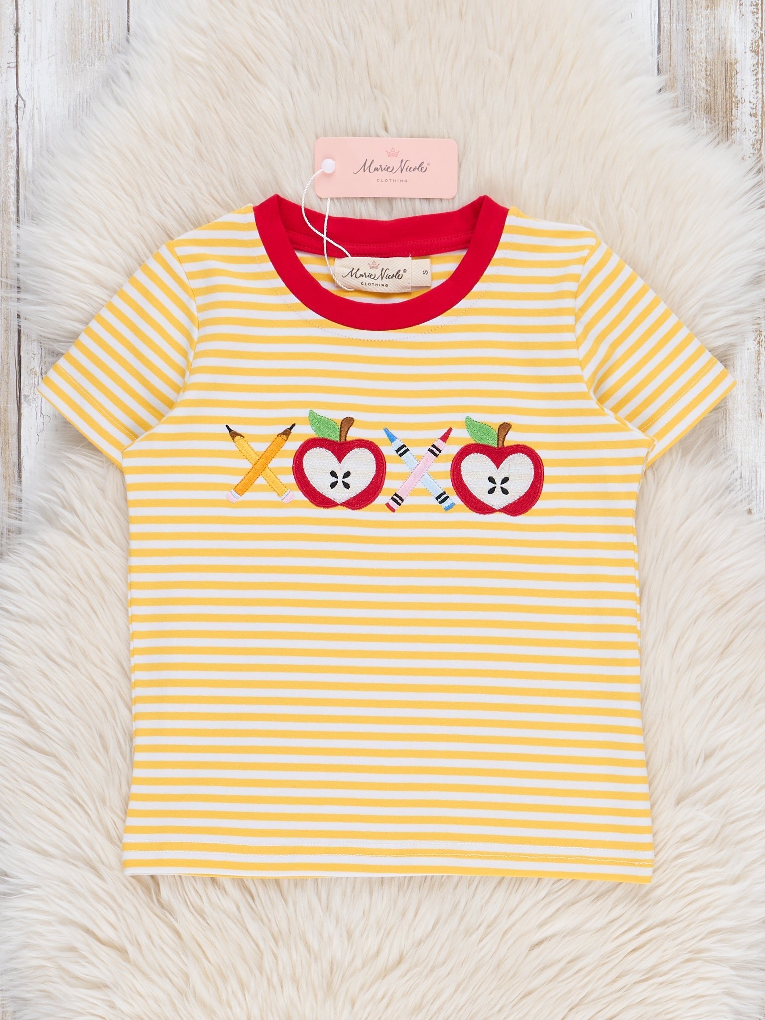 Striped Embroidered Apples & Pencils Cotton Shirt - Marie Nicole Clothing