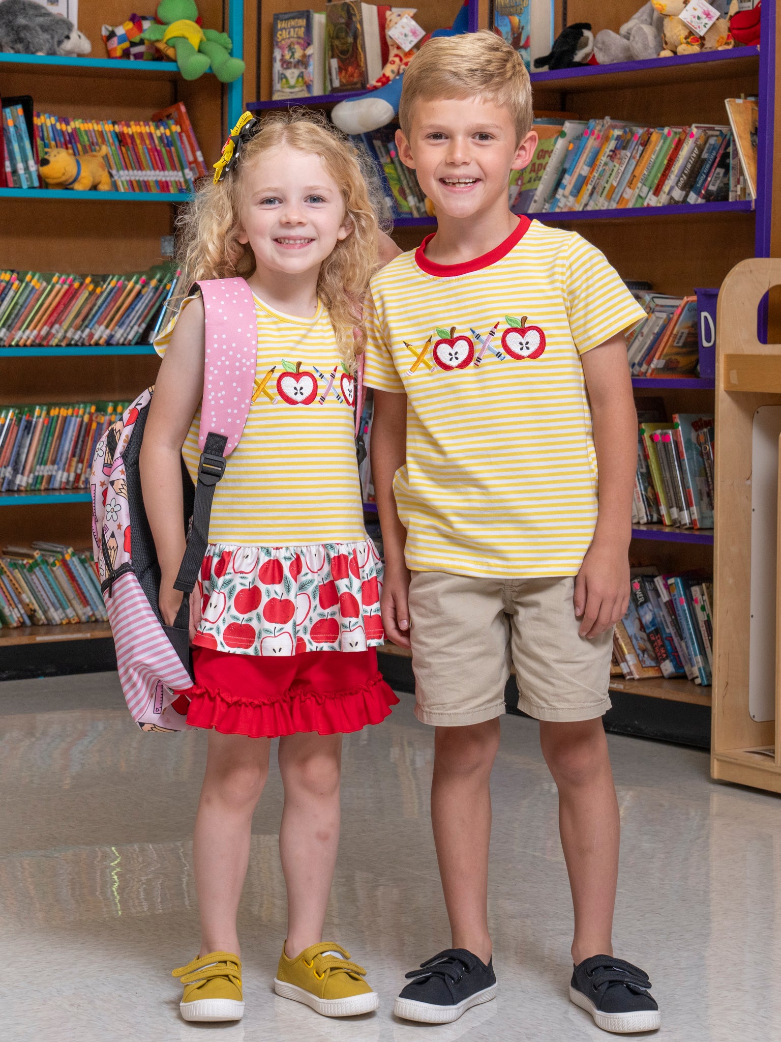 Striped Embroidered Apples & Pencils Cotton Shirt - Marie Nicole Clothing