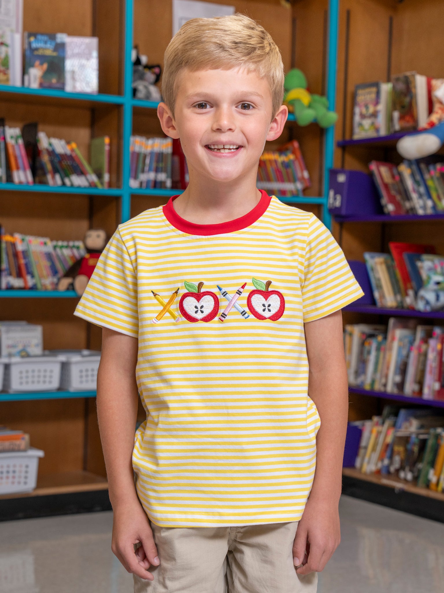 Striped Embroidered Apples & Pencils Cotton Shirt - Marie Nicole Clothing