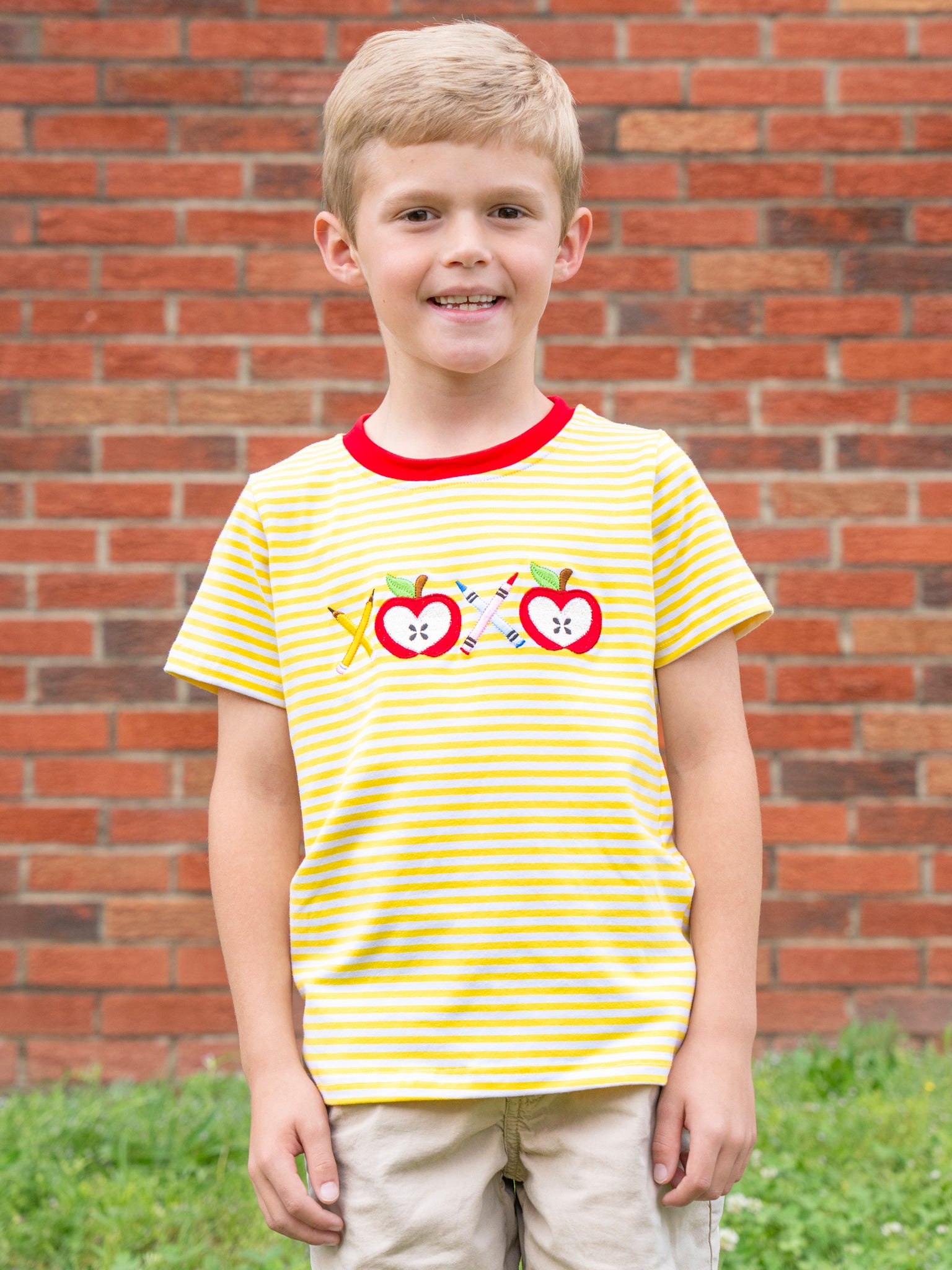 Striped Embroidered Apples & Pencils Cotton Shirt - Marie Nicole Clothing