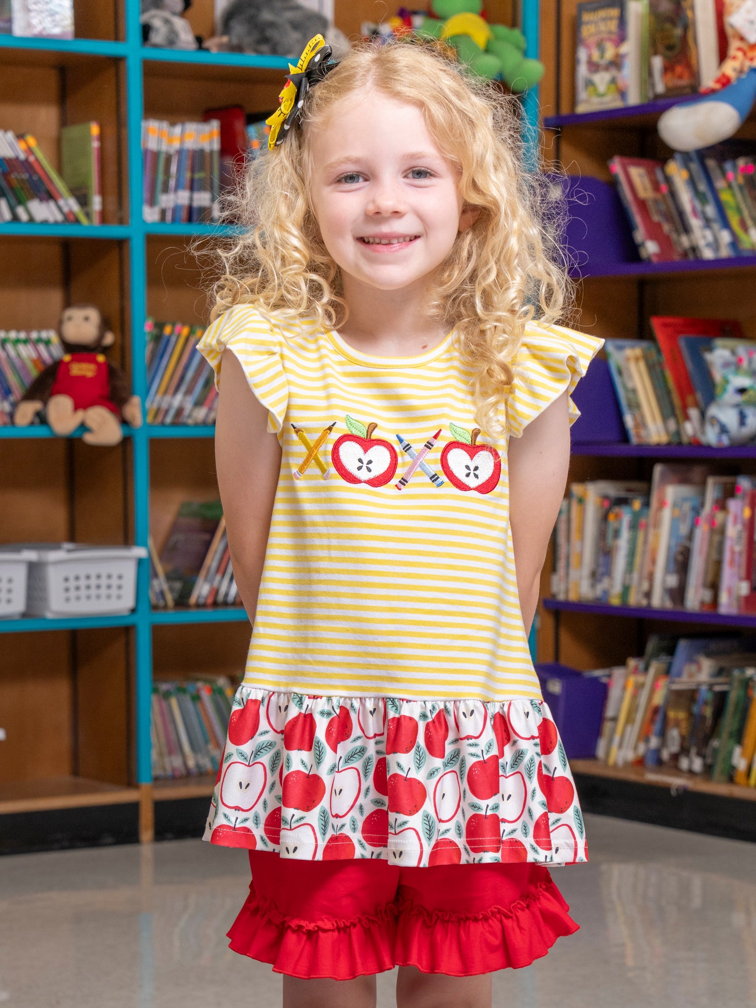 Striped Embroidered Apples Pencils & Ruffle Outfit - Marie Nicole Clothing