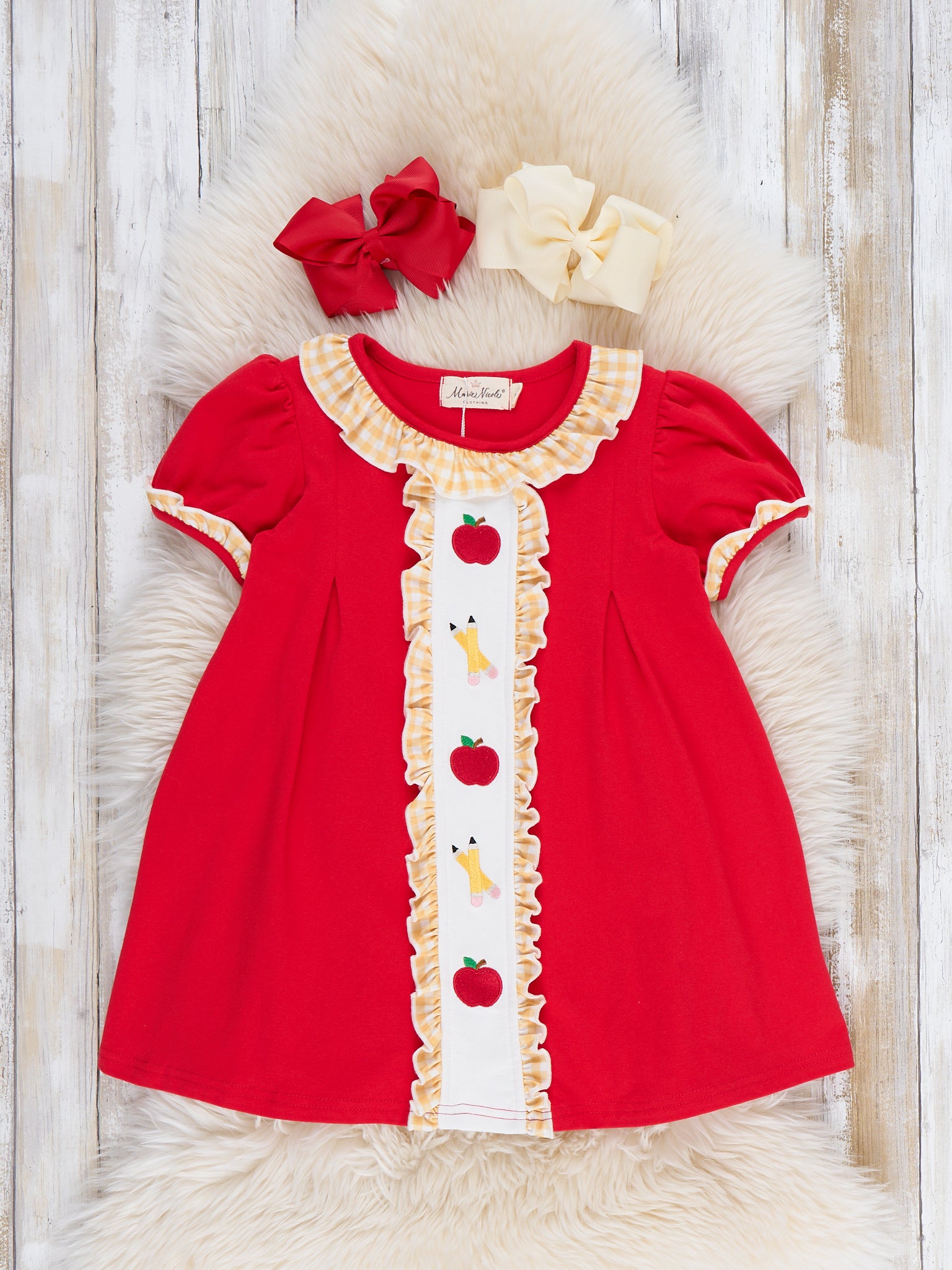 Sweet Apple Embroidered Pencils Ruffle Dress - Marie Nicole Clothing