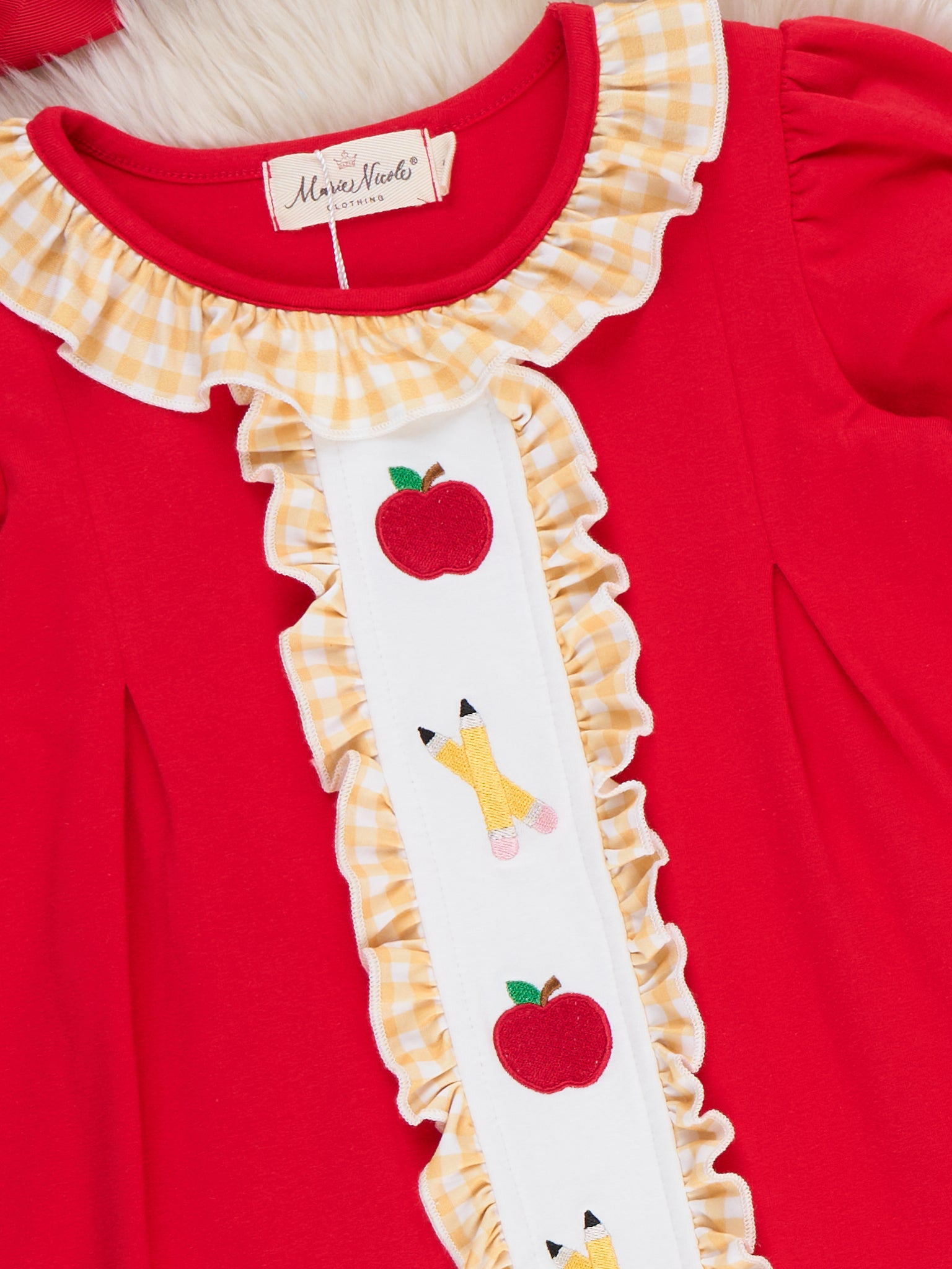 Sweet Apple Embroidered Pencils Ruffle Dress - Marie Nicole Clothing