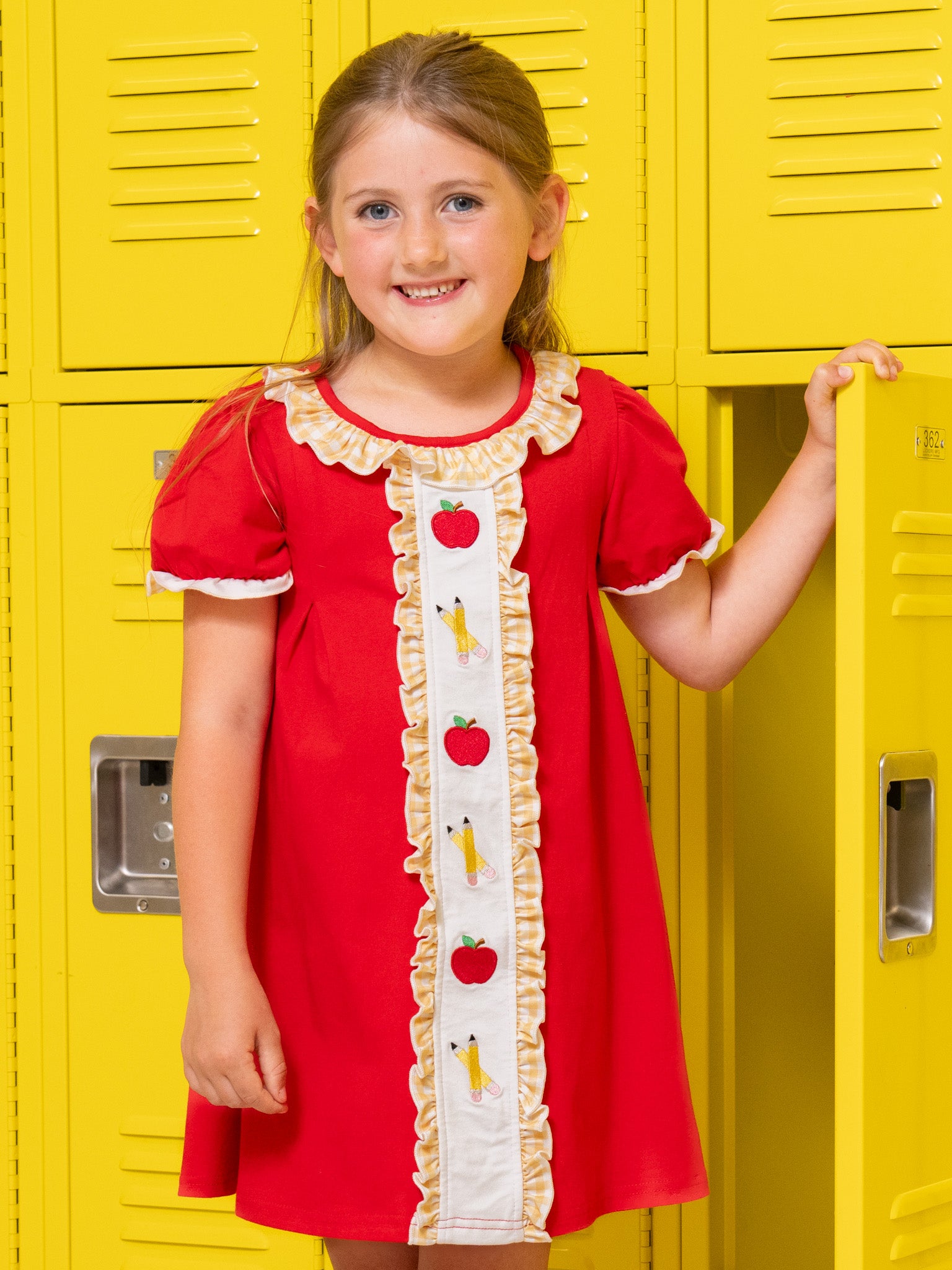 Sweet Apple Embroidered Pencils Ruffle Dress - Marie Nicole Clothing