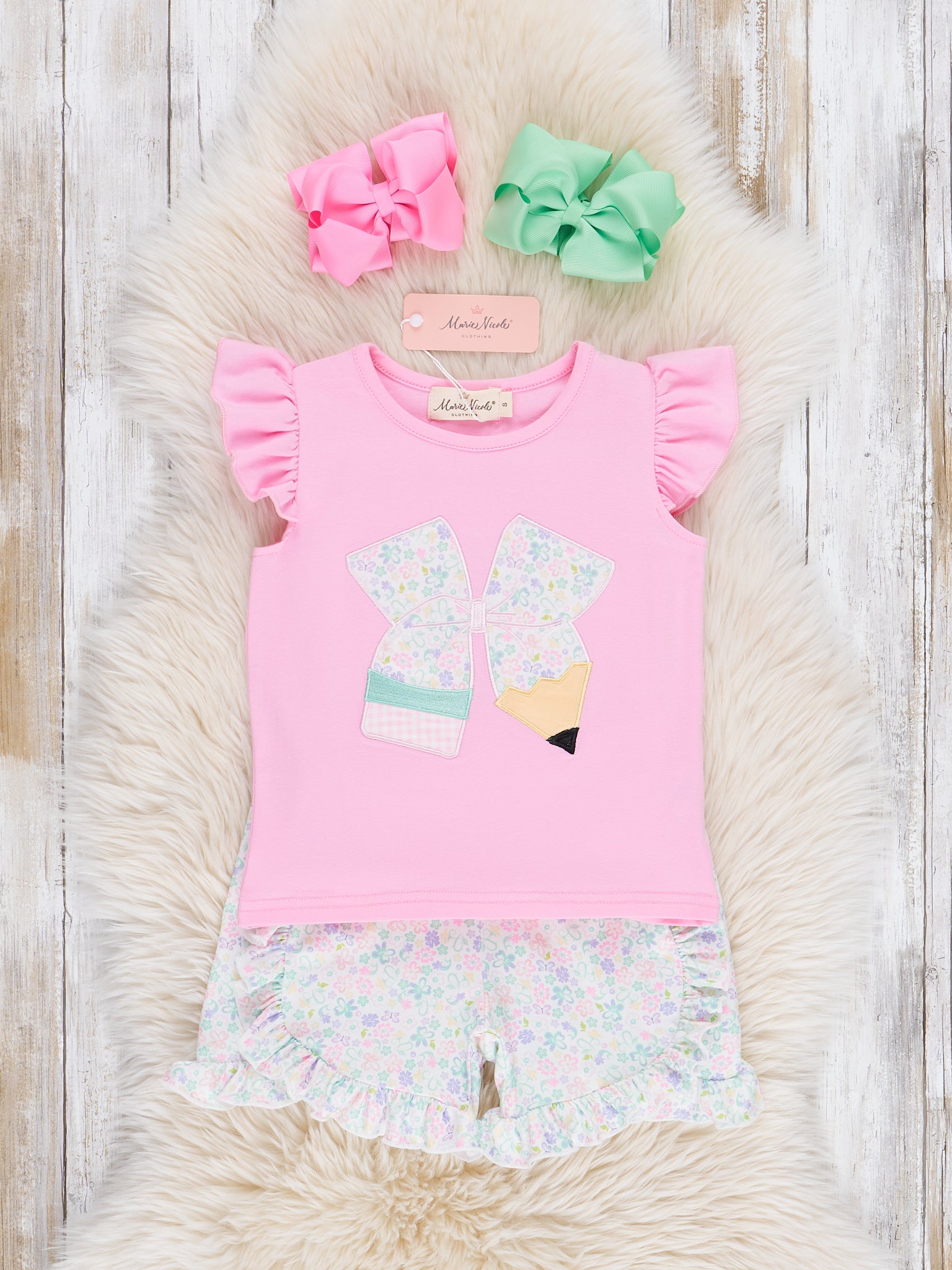 Sweet Embroidered Pencil Bows Ruffle Outfit - Marie Nicole Clothing