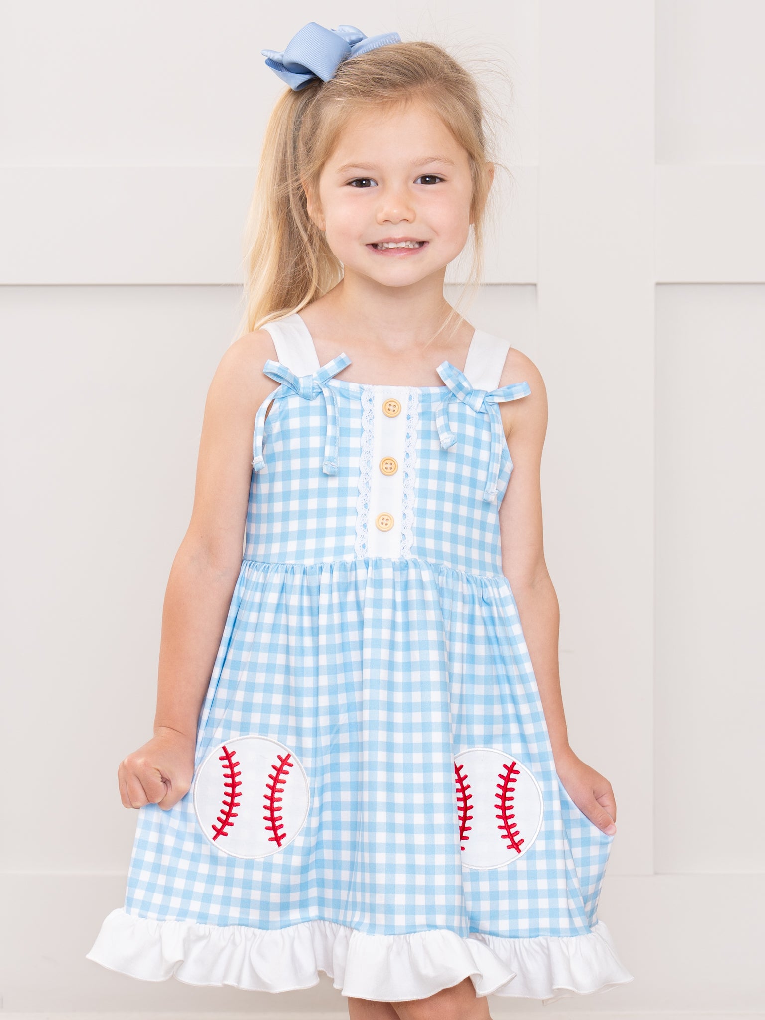 Sweet Swing Baseball Embroidered Ruffle Dress - Marie Nicole Clothing