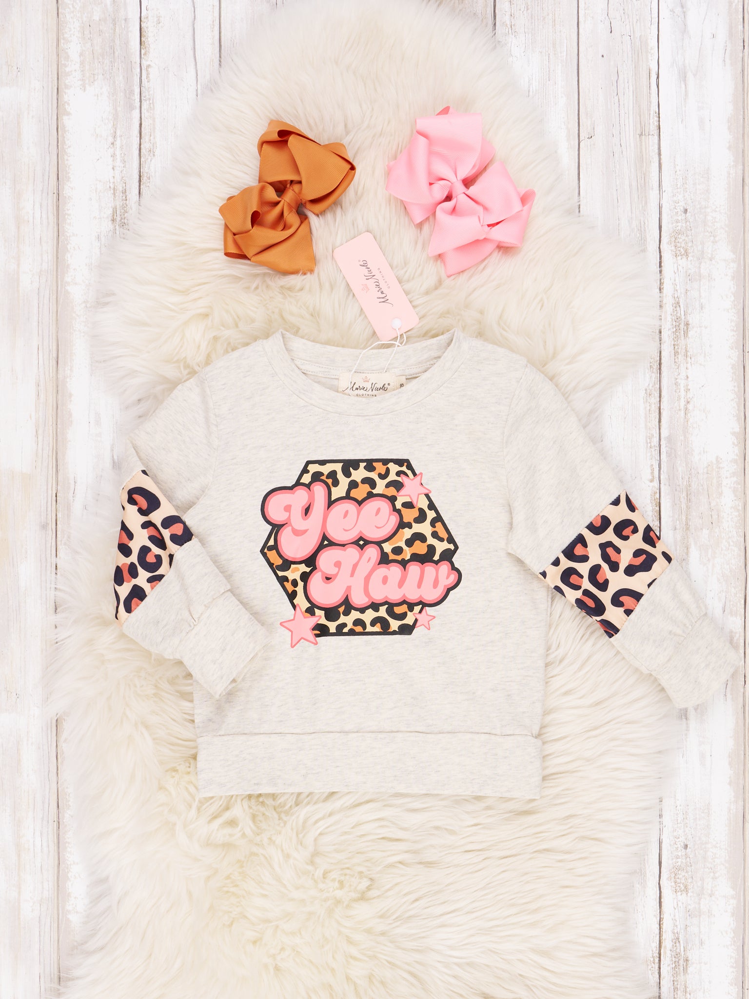 Grey "Yee Haw" and Cheetah Crewneck - Marie Nicole Clothing