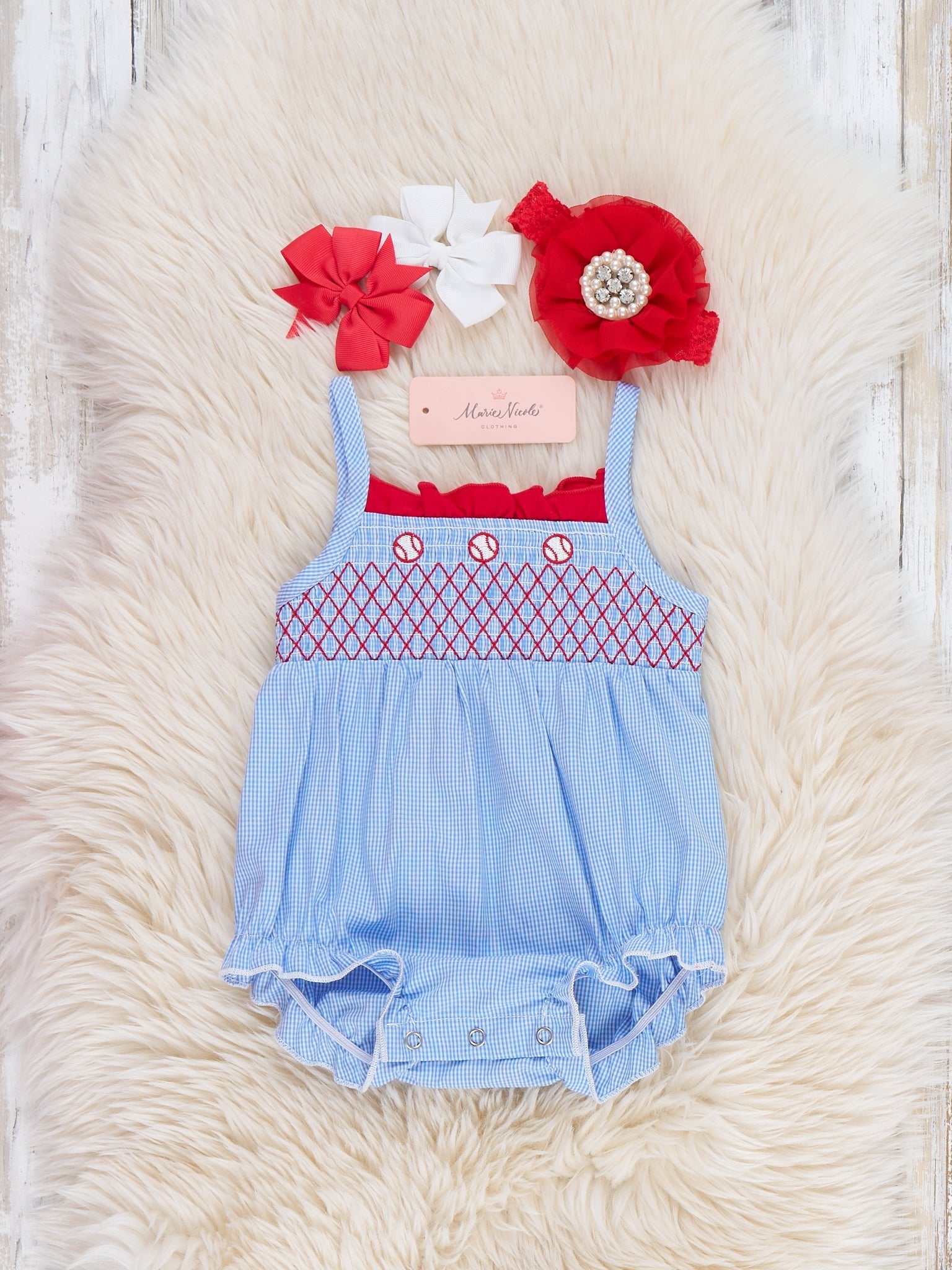 Tiny Baseball Smocked 100% Cotton Bubble Romper - Marie Nicole Clothing