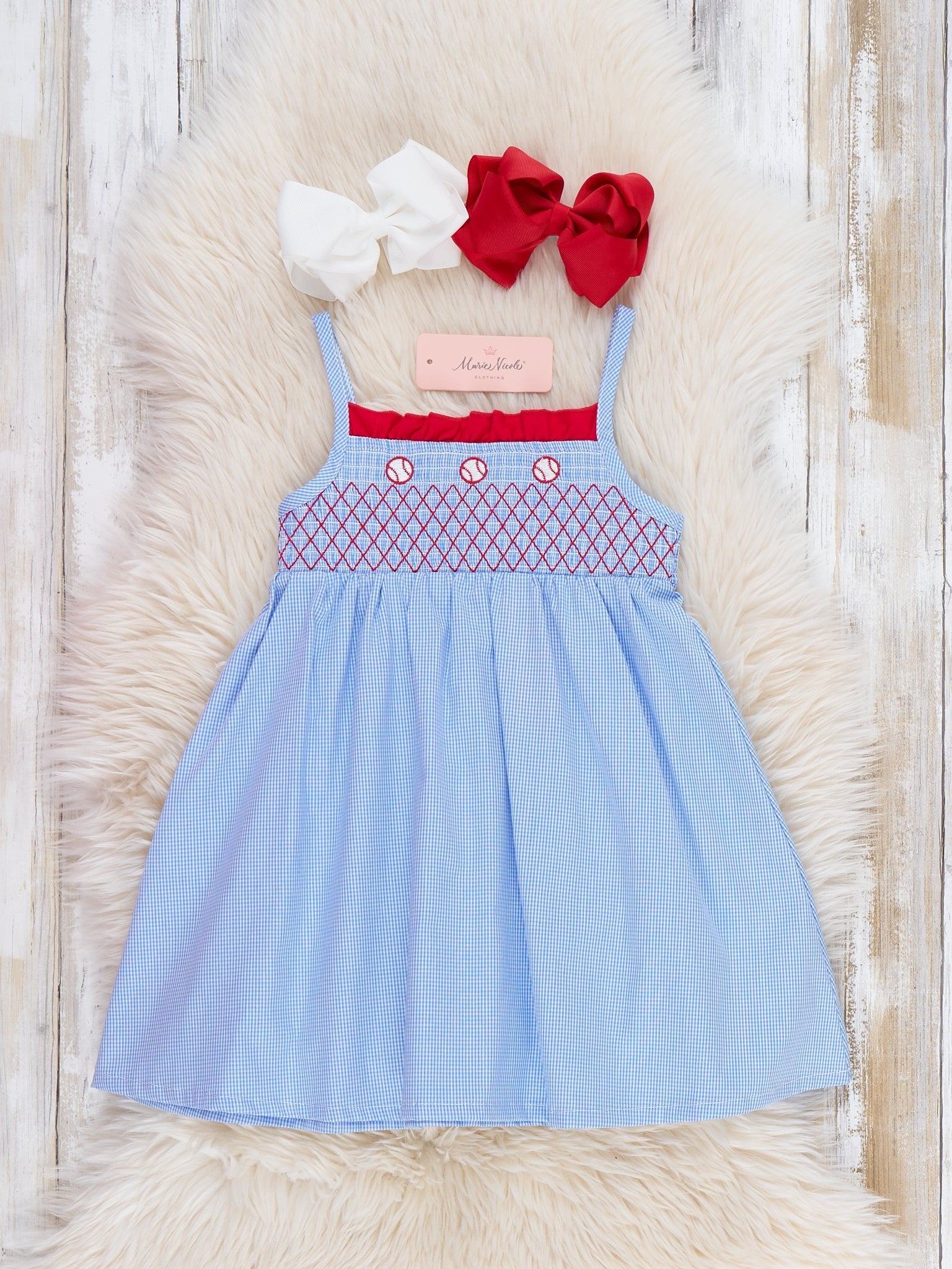 Tiny Baseball Smocked Cotton Dress - Marie Nicole Clothing