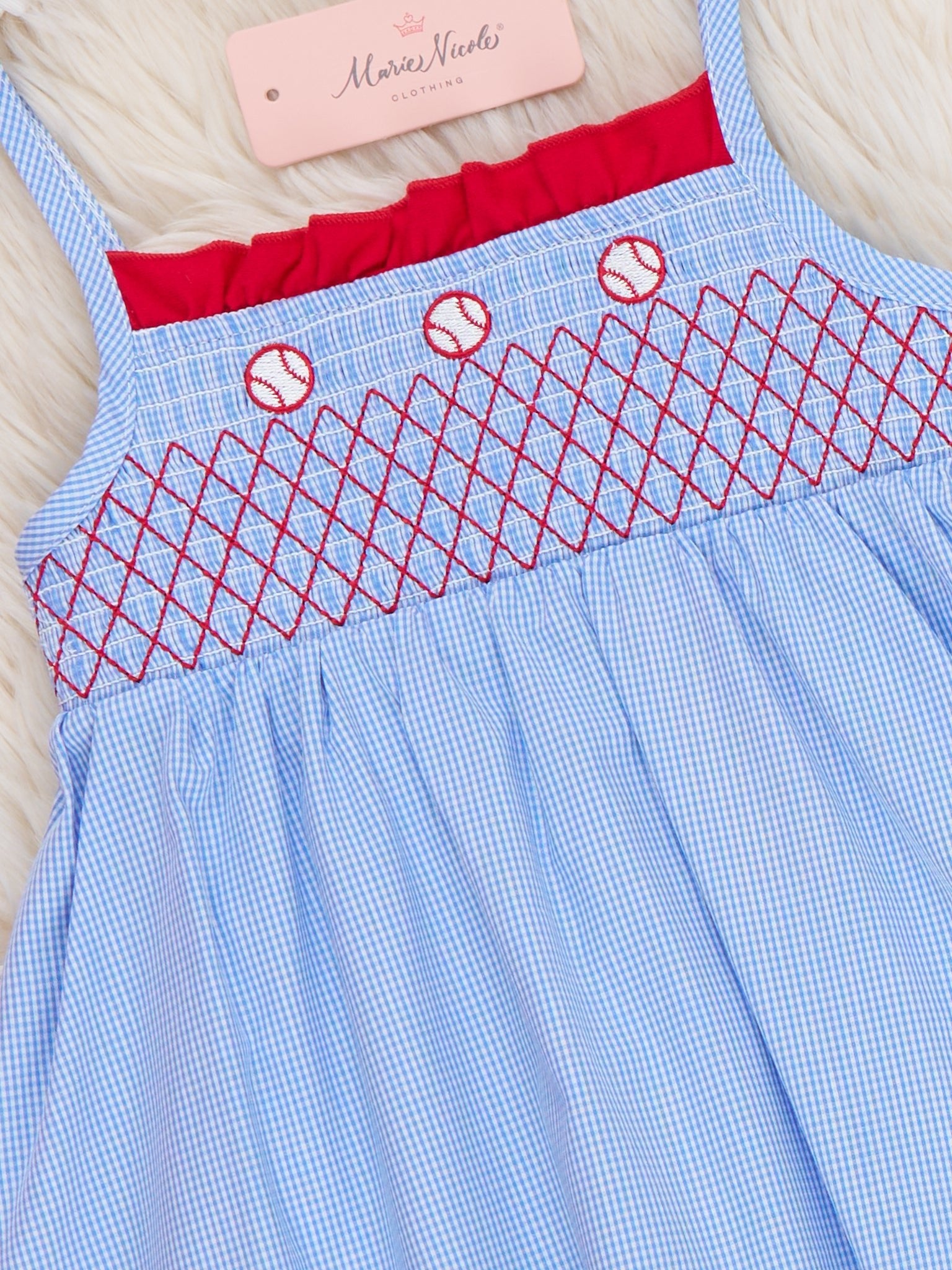 Tiny Baseball Smocked Cotton Dress - Marie Nicole Clothing