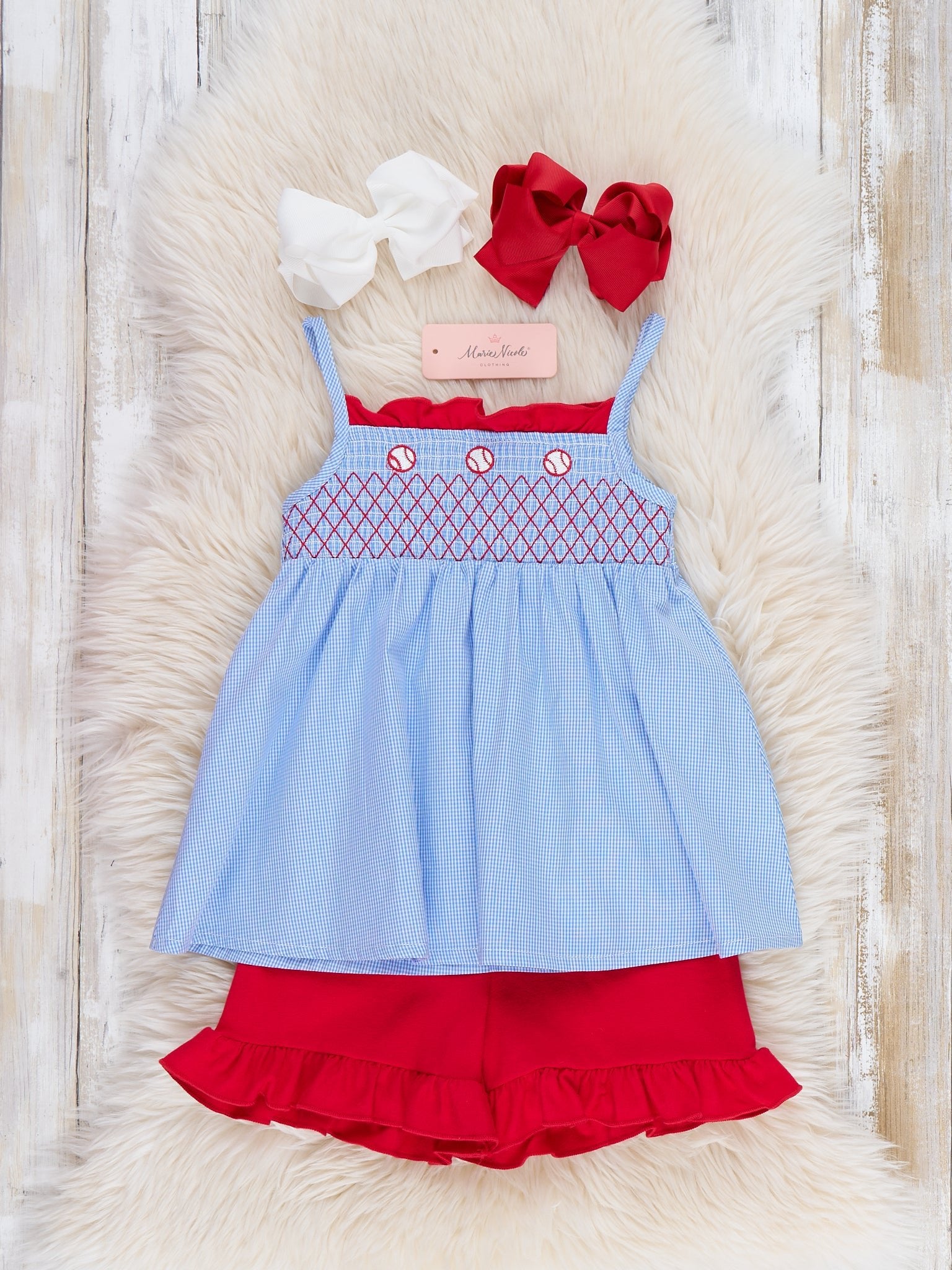 Tiny Baseball Smocked Ruffle Outfit - Marie Nicole Clothing