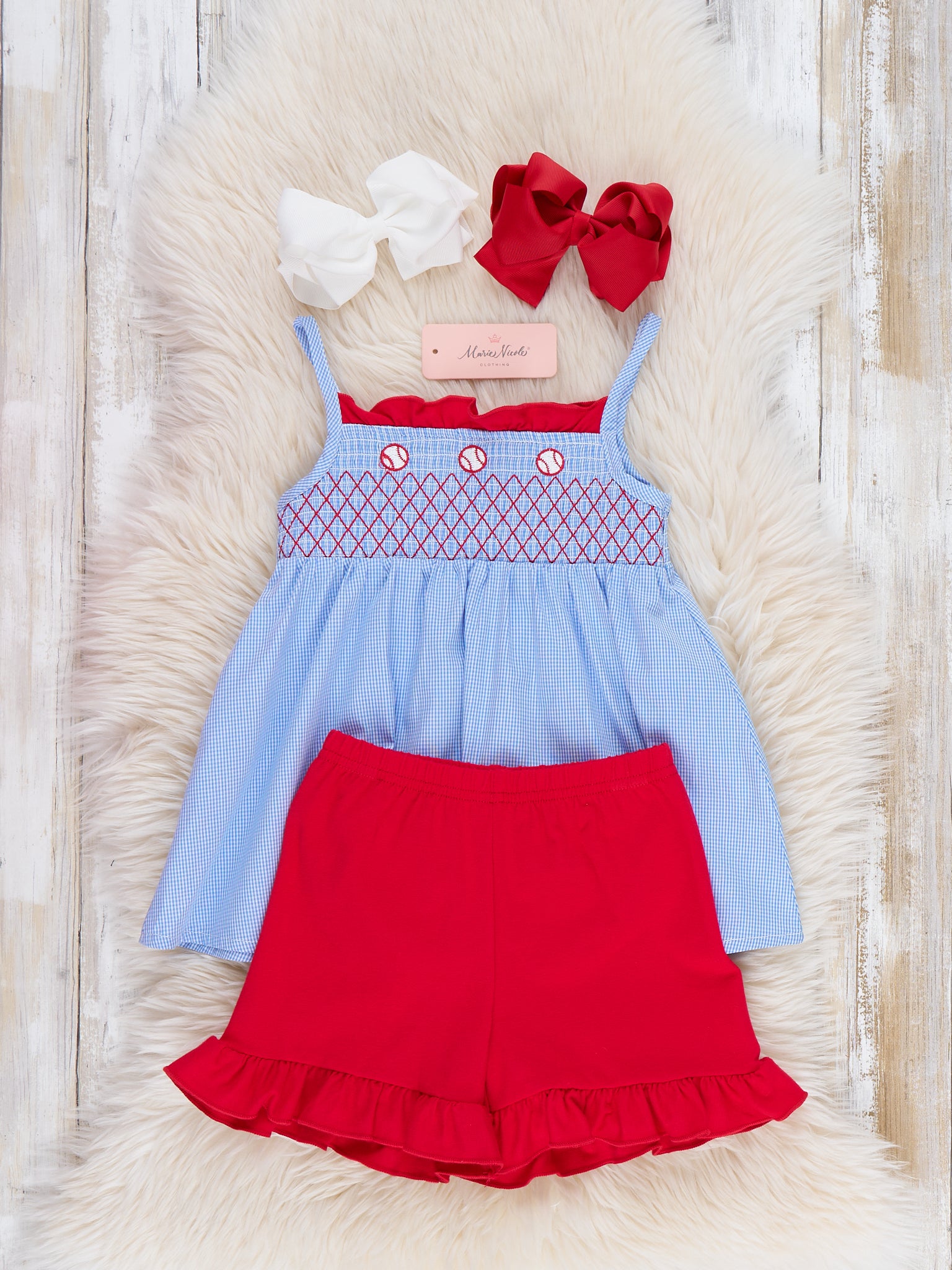 Tiny Baseball Smocked Ruffle Outfit - Marie Nicole Clothing