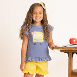 young girl wearing back to school school bus outfit