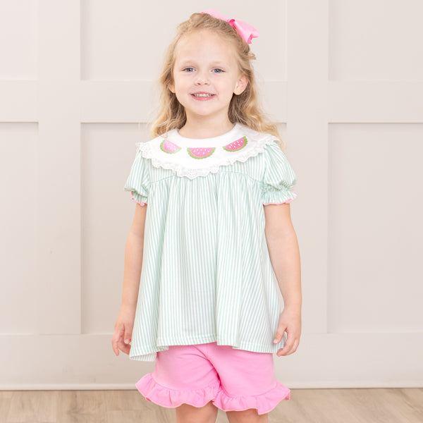young girl wears watermelon summer outfit