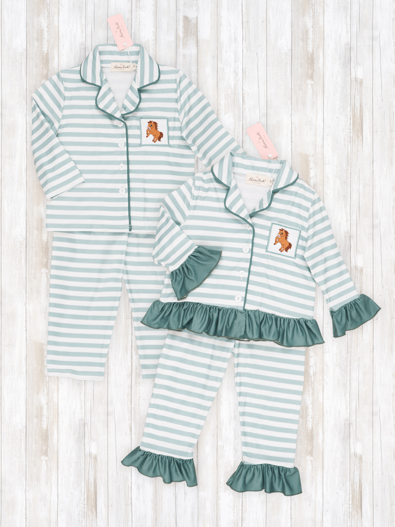 Green & White Stripe Embroidered Horse Pajamas - Boys & Girls - Marie Nicole Clothing