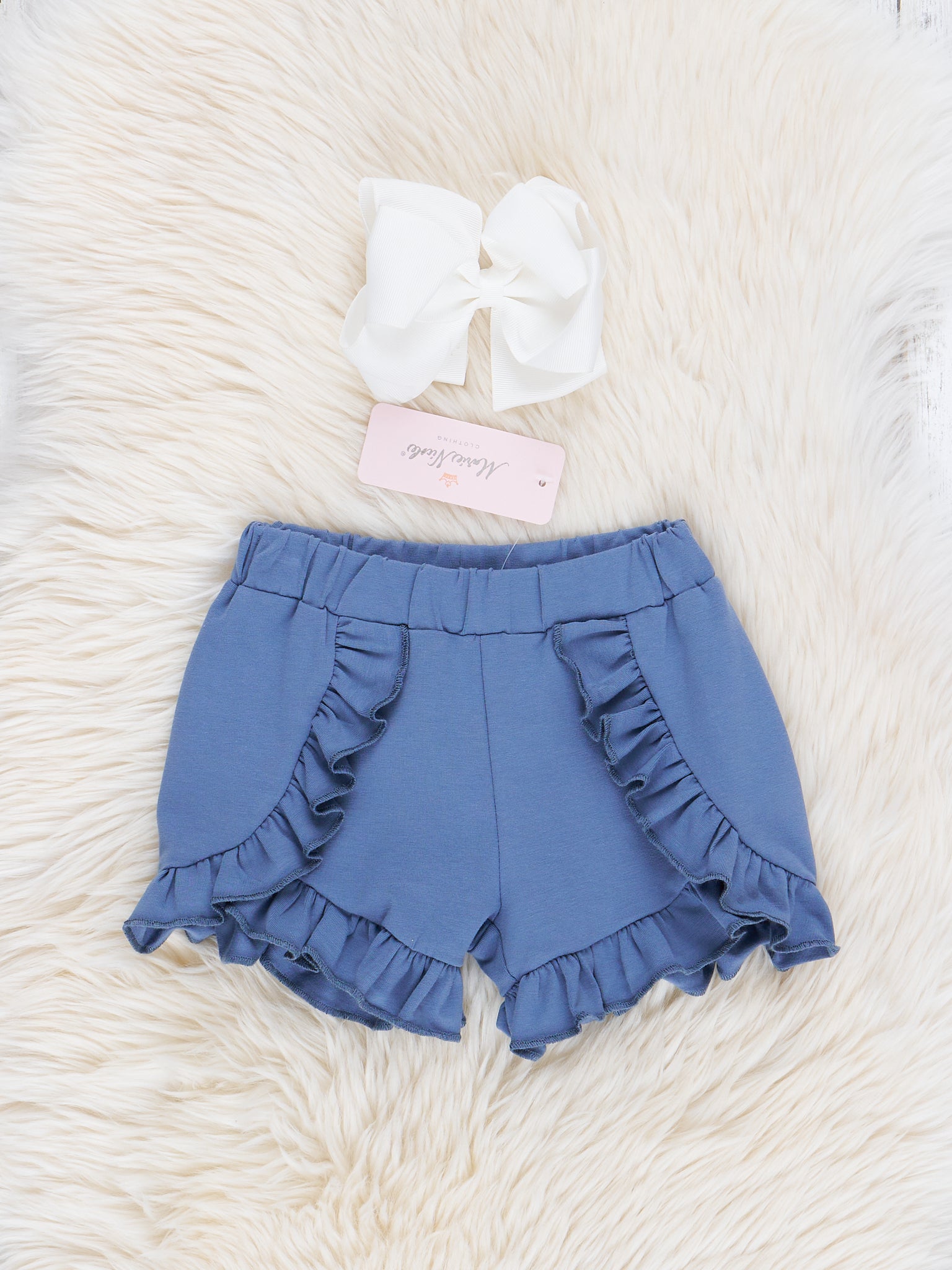 Mediterranean Blue Ruffle Trim Cotton Shorts - Marie Nicole Clothing
