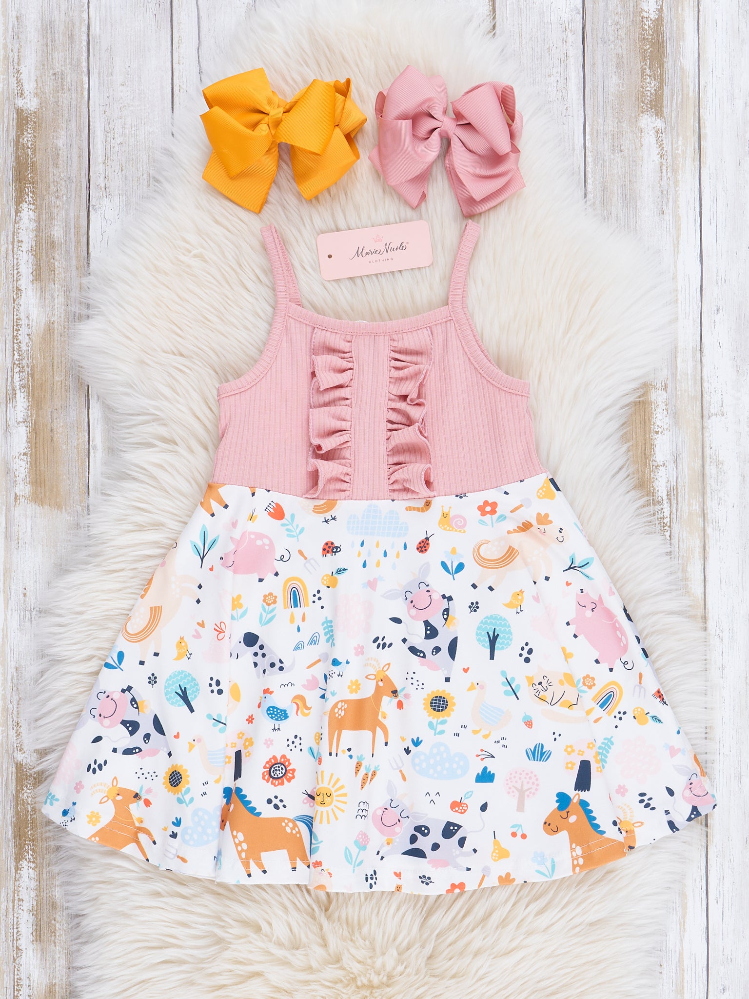 Rainbow Animal Ruffle Dress - Marie Nicole Clothing