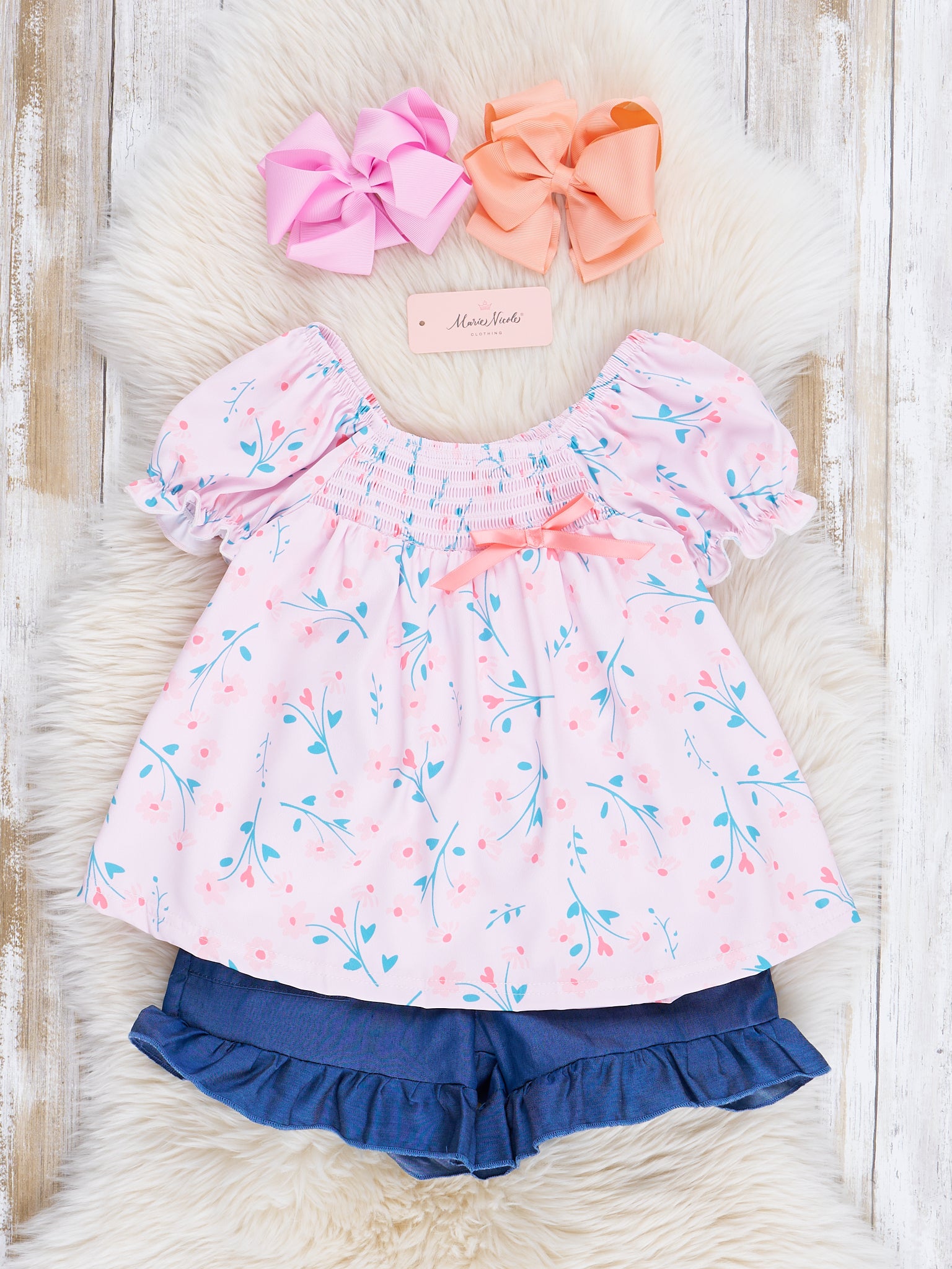 Pink Smocked Garden Chambray Outfit - Marie Nicole Clothing
