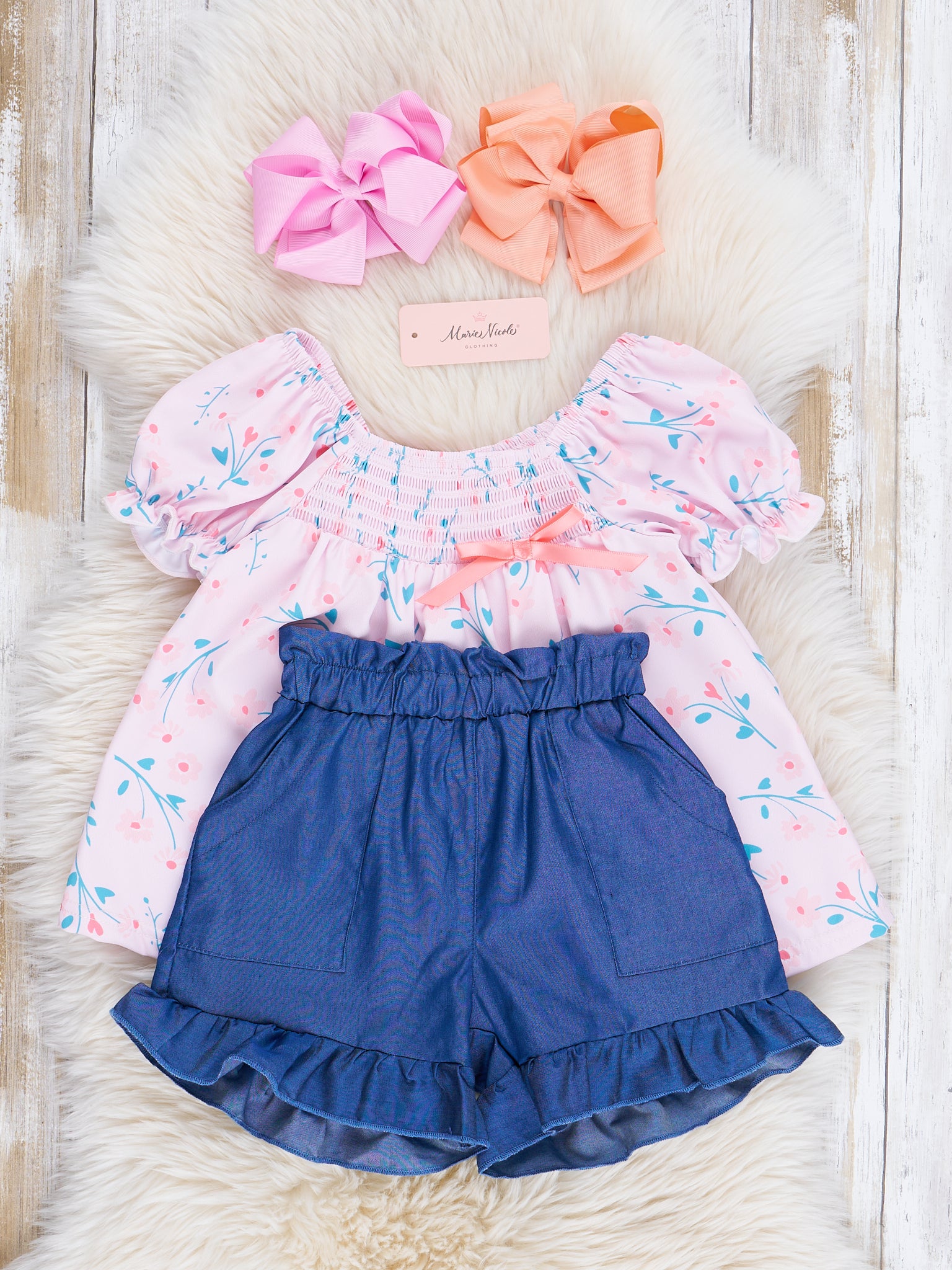 Pink Smocked Garden Chambray Outfit - Marie Nicole Clothing