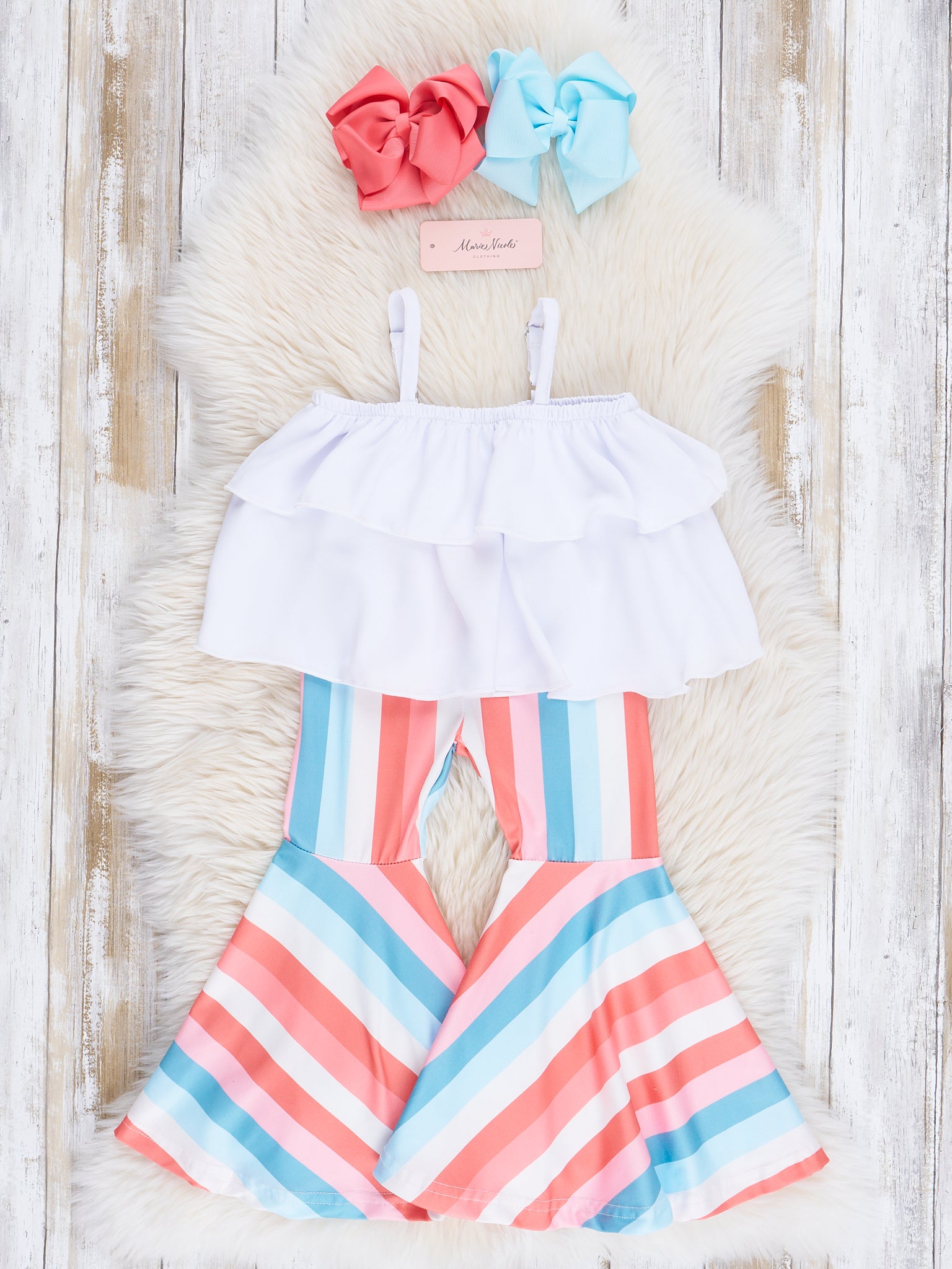 White Layered Top & Striped Bell Bottoms Outfit - Marie Nicole Clothing