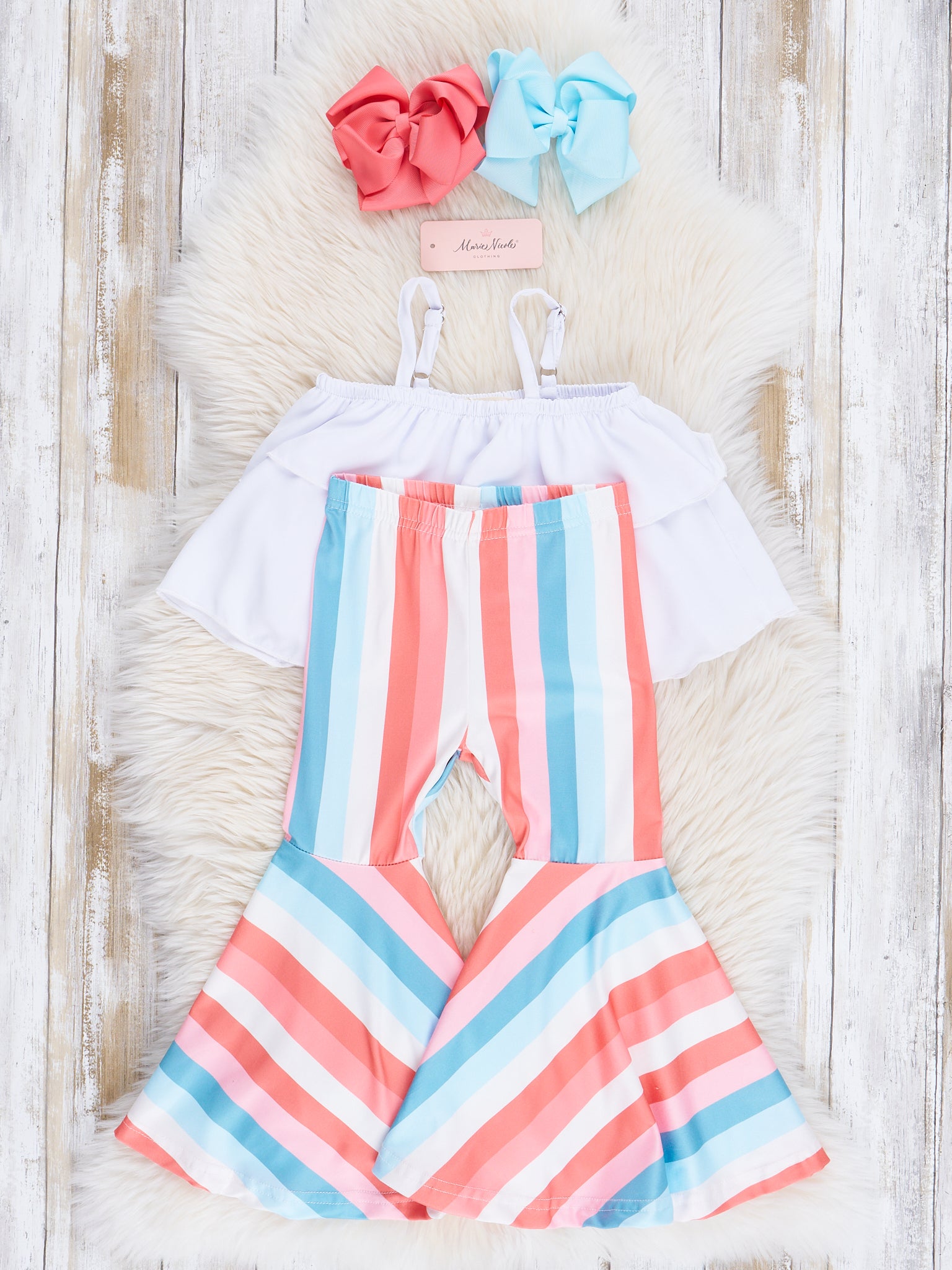 White Layered Top & Striped Bell Bottoms Outfit - Marie Nicole Clothing