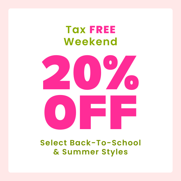 A promotional sale graphic with a white rounded square centered on a pale pink background. The text reads 'Tax FREE Weekend' in green and pink, with large '20% OFF' in bright pink, and smaller green text below reading 'Select Back-To-School & Summer Styles.
