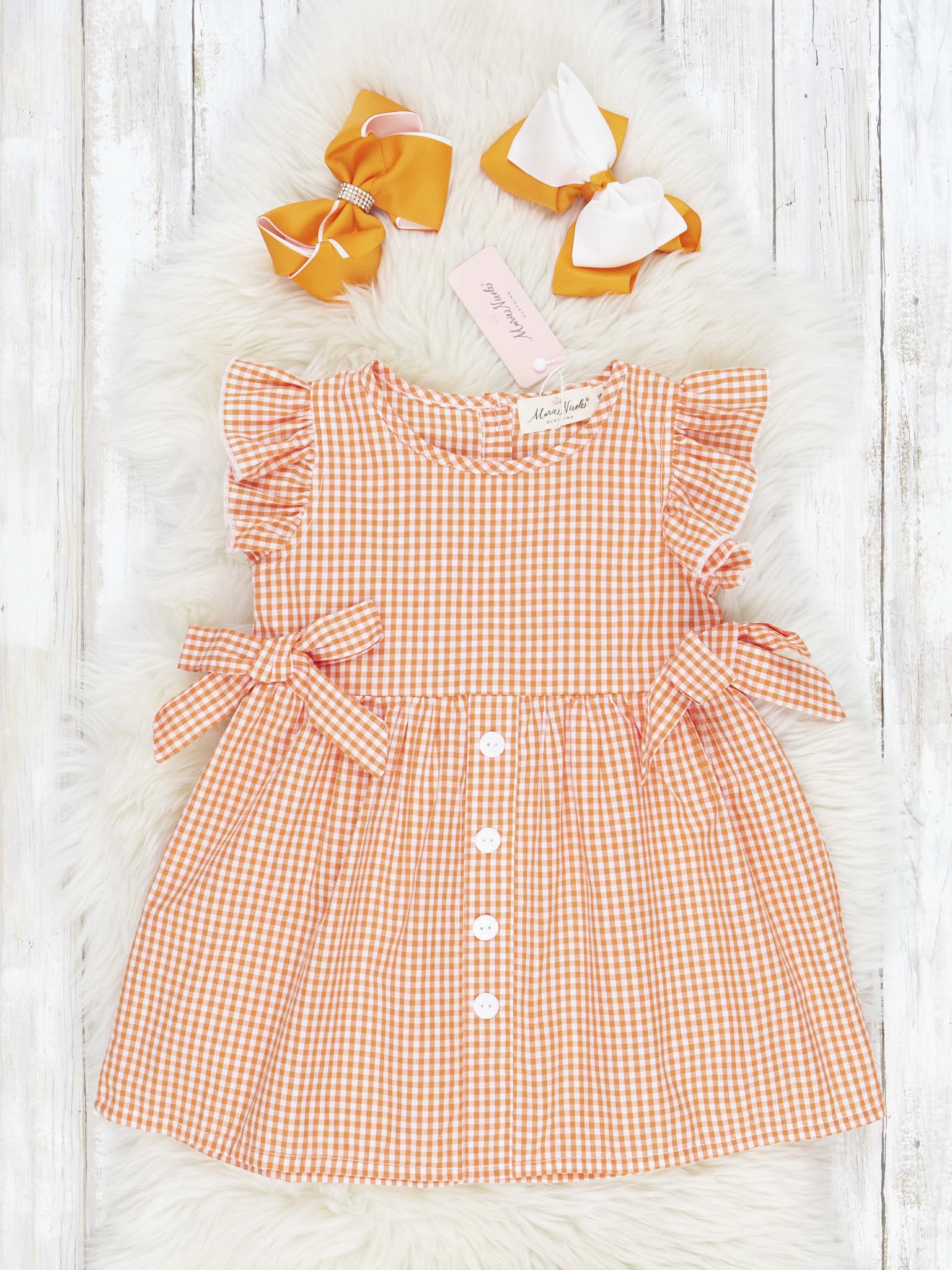 Orange & White Gingham Ruffle Bow Dress - Marie Nicole Clothing