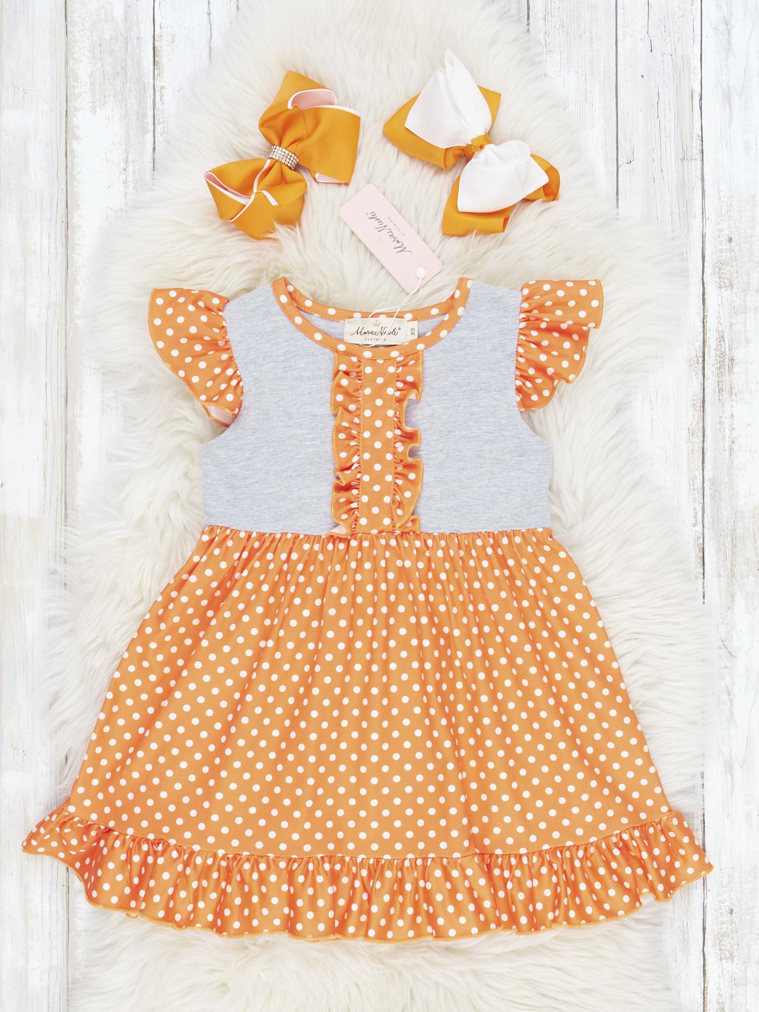 Orange & White Polka Dot Ruffle Dress - Marie Nicole Clothing