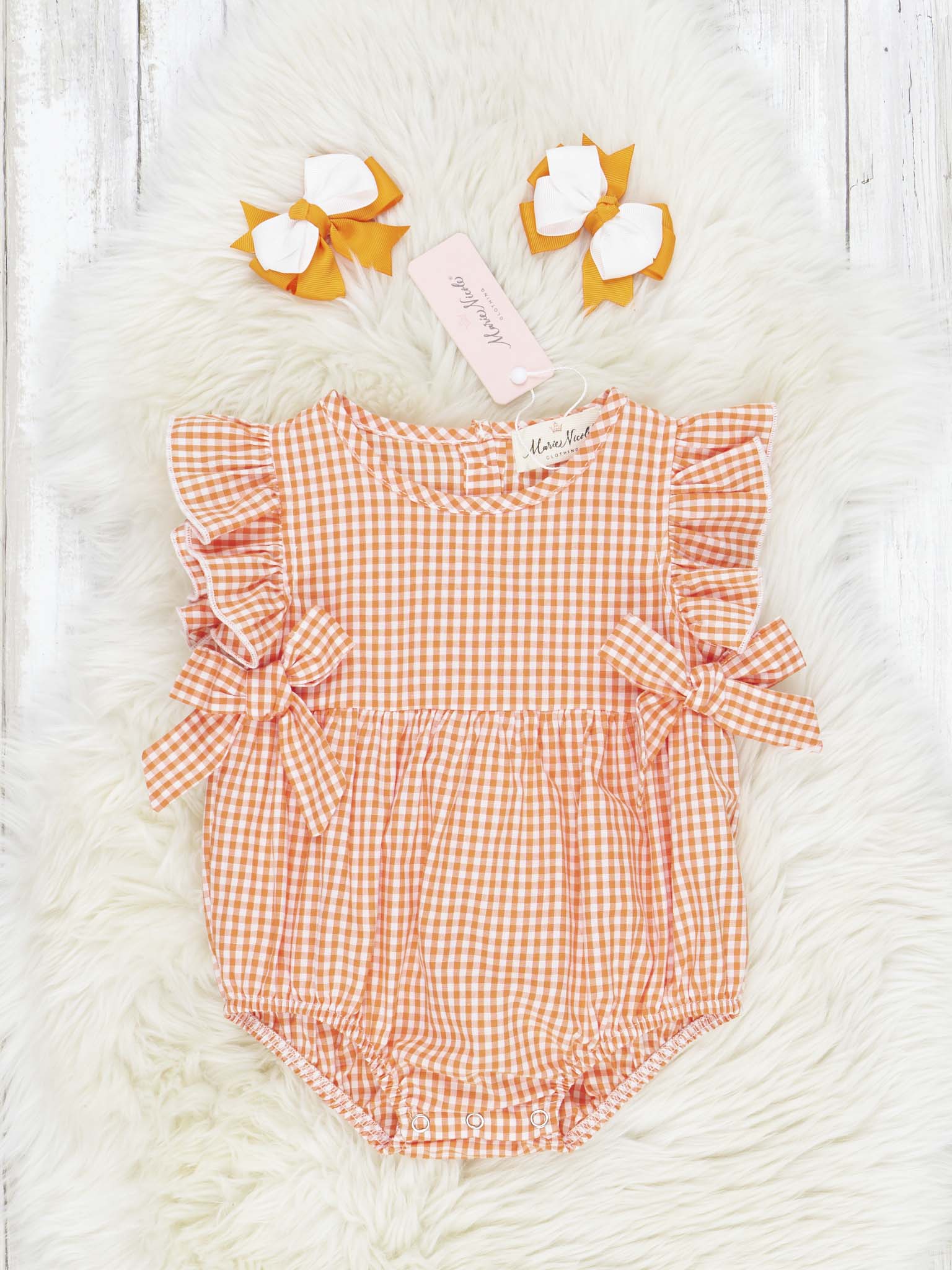 Orange & White Gingham Ruffle Bow Romper - Marie Nicole Clothing