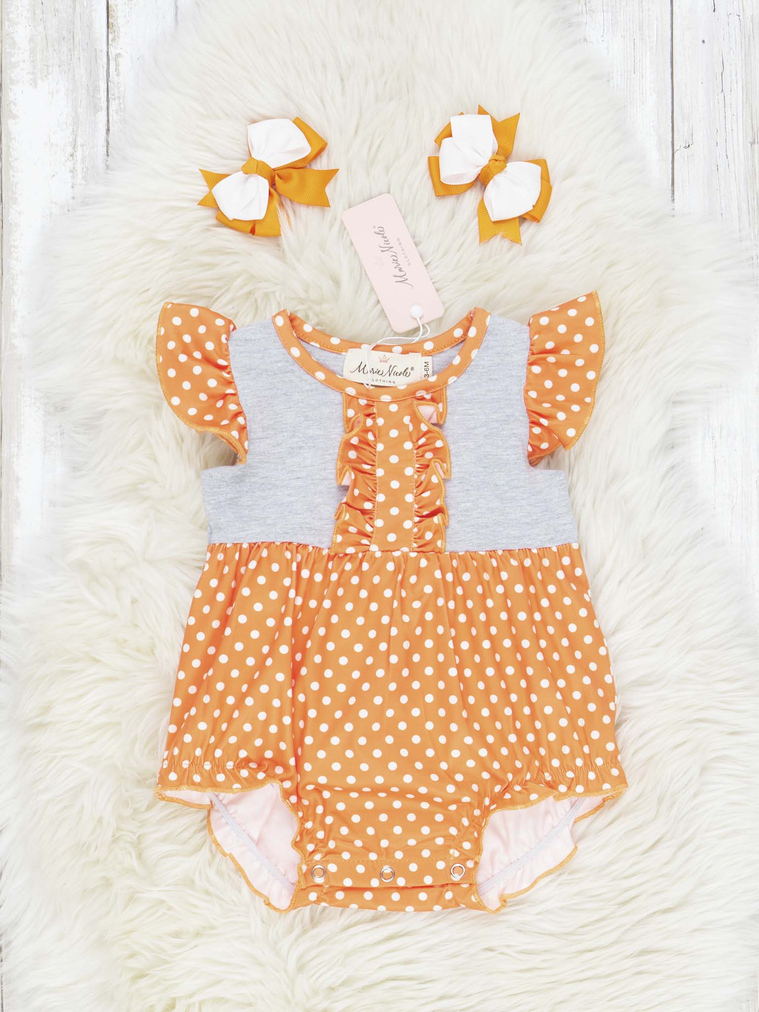 Orange & White Polka Dot Ruffle Romper - Marie Nicole Clothing