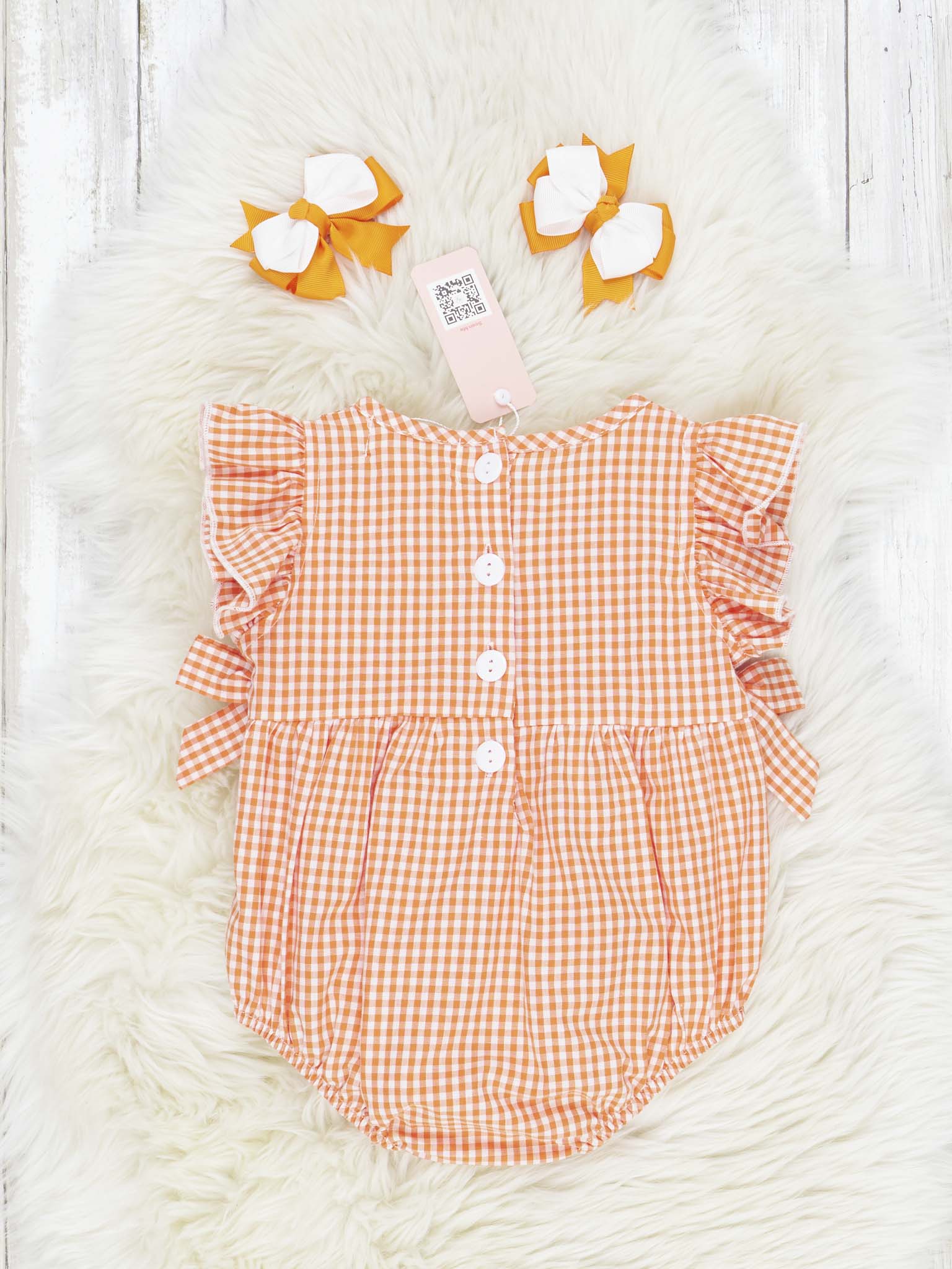 Orange & White Gingham Ruffle Bow Romper - Marie Nicole Clothing