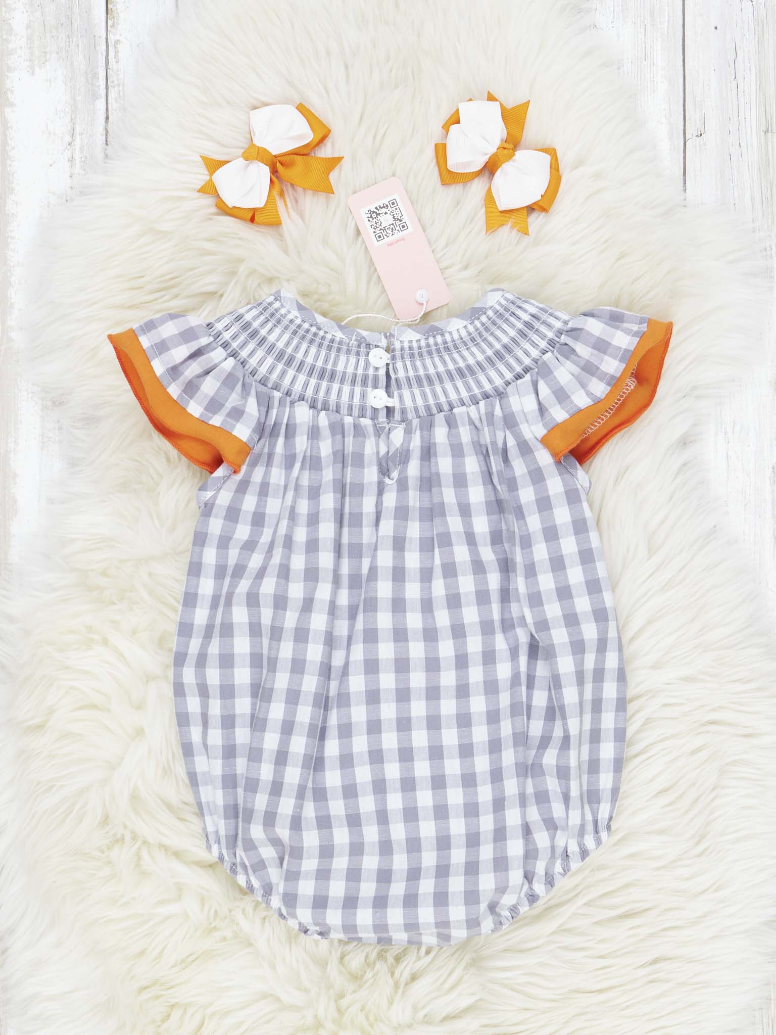 Smocked Gingham Orange & White Ruffle Romper - Marie Nicole Clothing