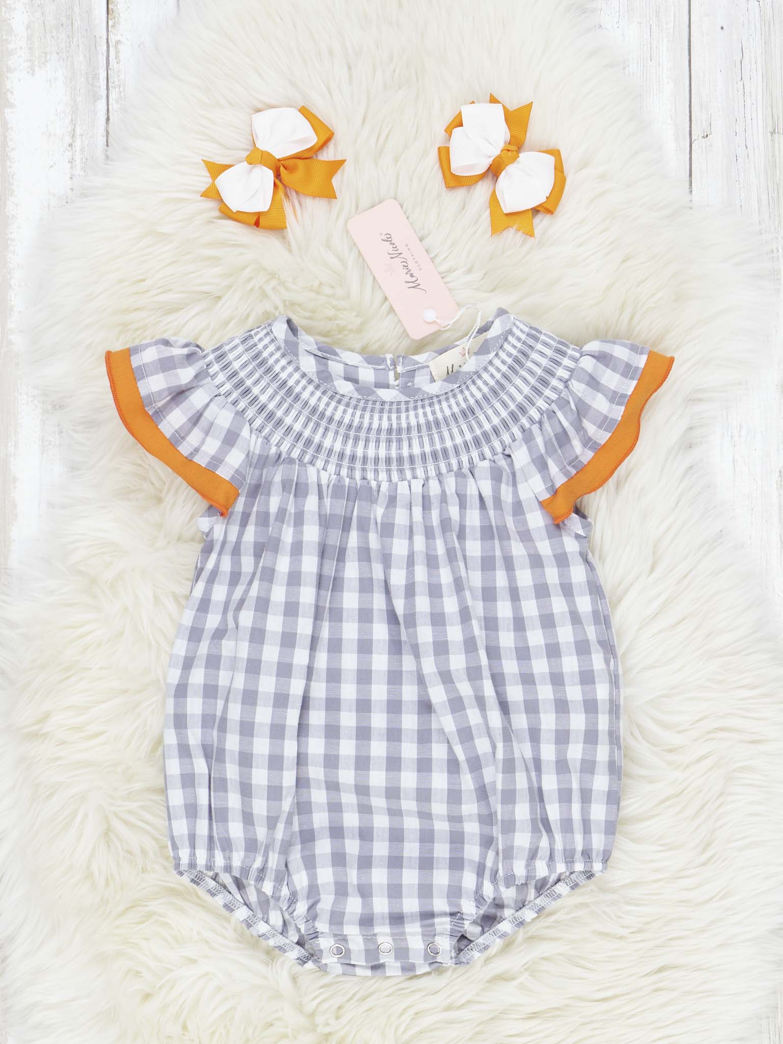 Smocked Gingham Orange & White Ruffle Romper - Marie Nicole Clothing