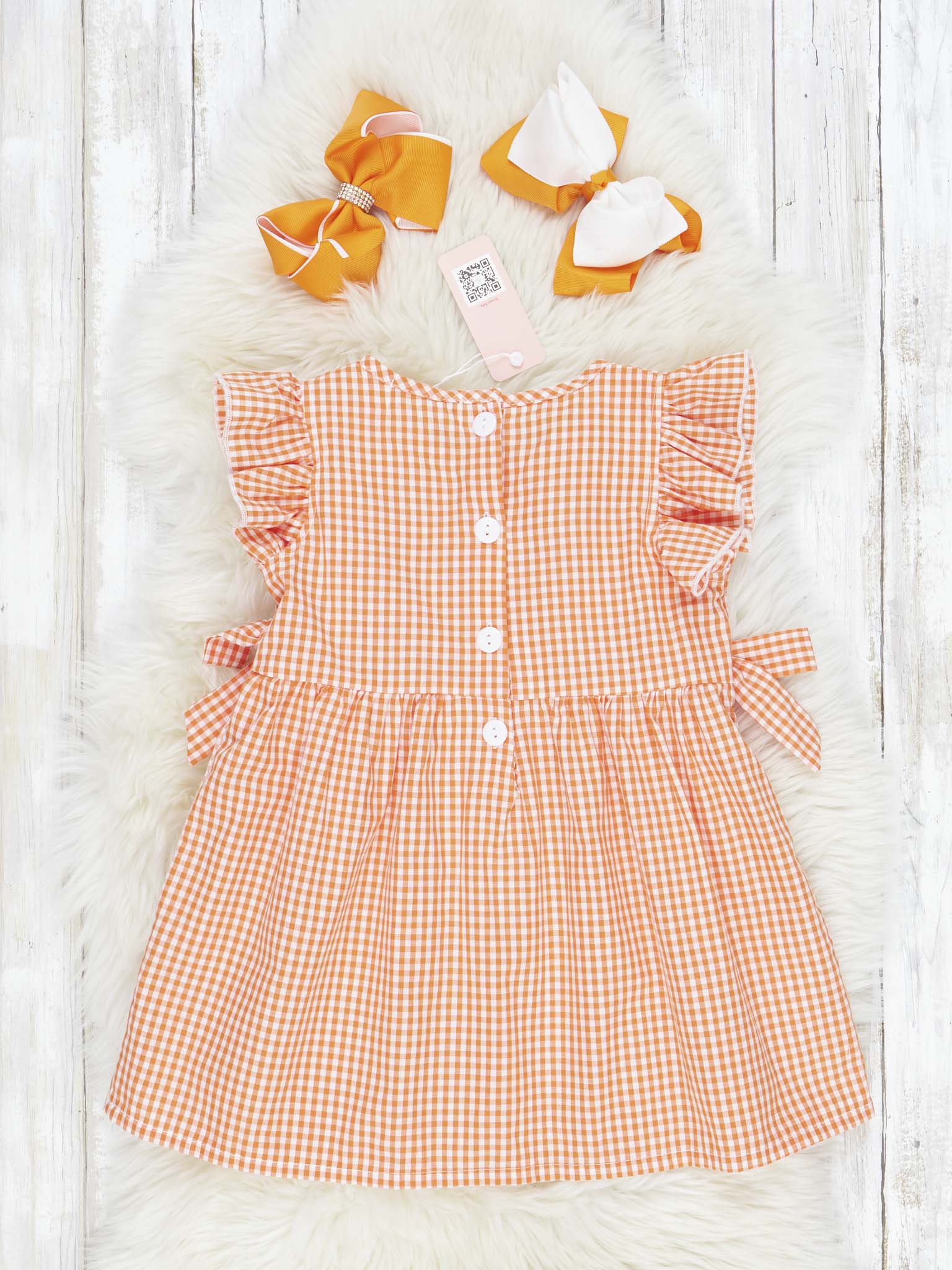 Orange & White Gingham Ruffle Bow Dress - Marie Nicole Clothing