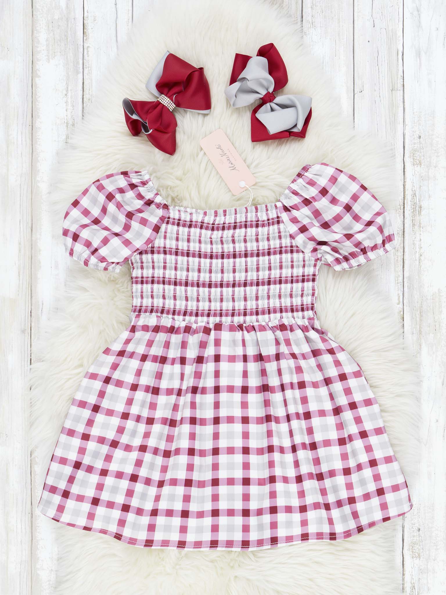 Crimson & Grey Smocked Plaid Dress - Marie Nicole Clothing