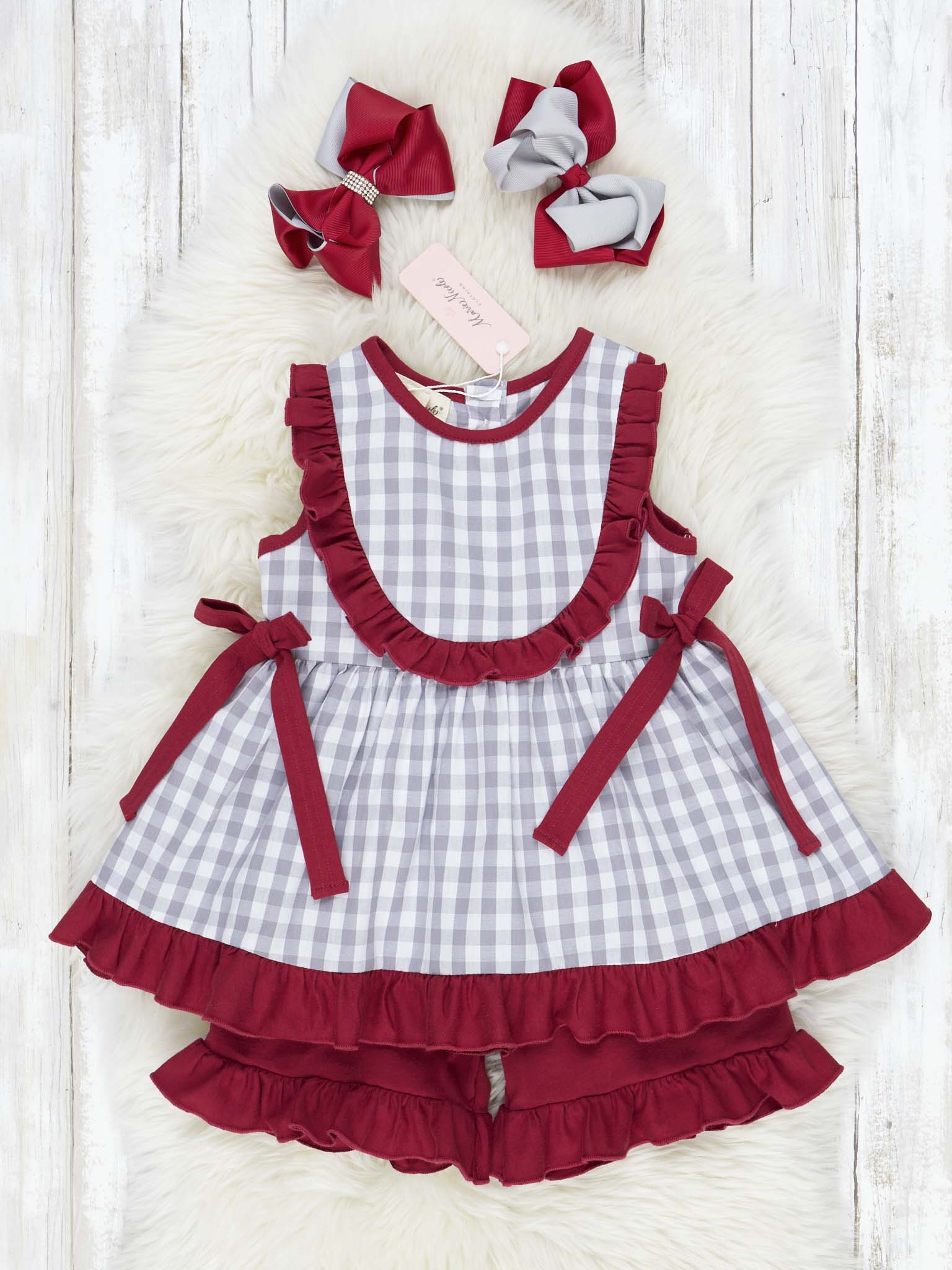 Crimson & Grey Gingham Ruffle Outfit - Marie Nicole Clothing