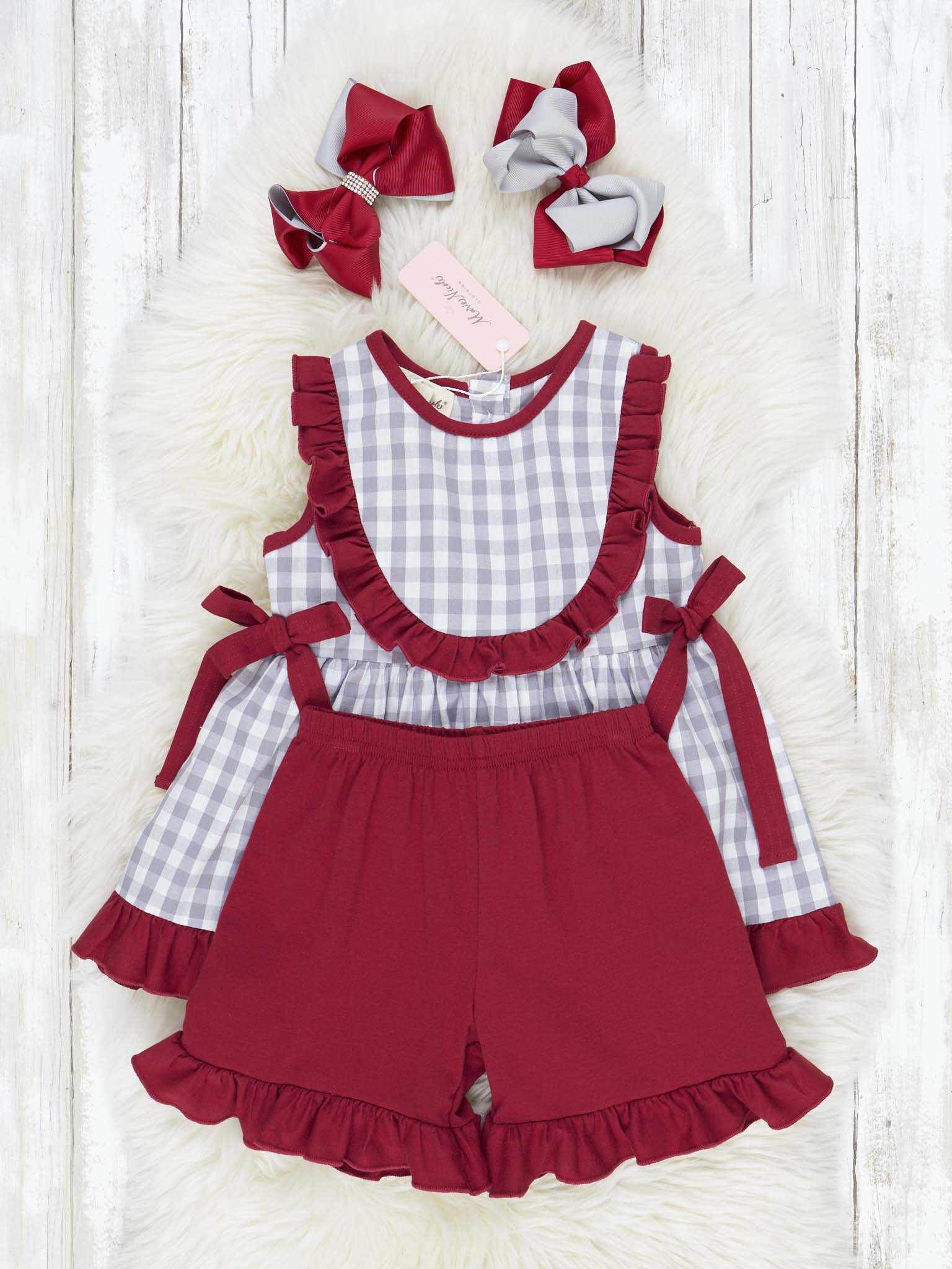 Crimson & Grey Gingham Ruffle Outfit - Marie Nicole Clothing