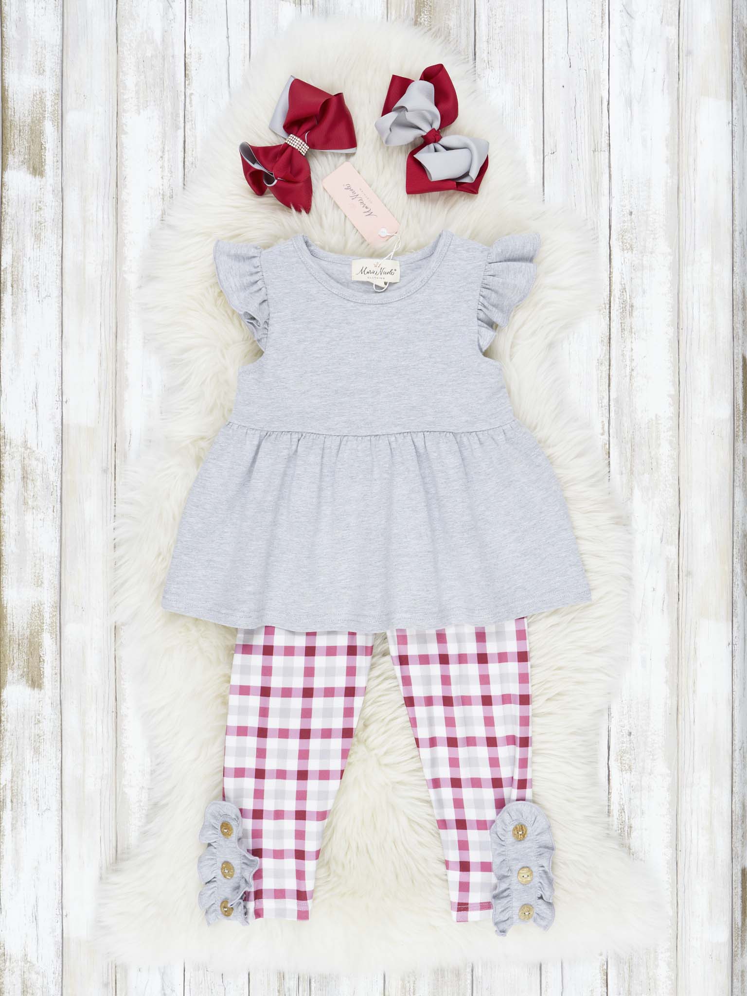 Crimson & Grey Plaid Ruffle Outfit - Marie Nicole Clothing