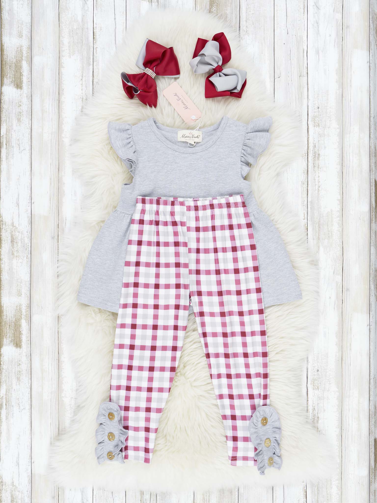Crimson & Grey Plaid Ruffle Outfit - Marie Nicole Clothing