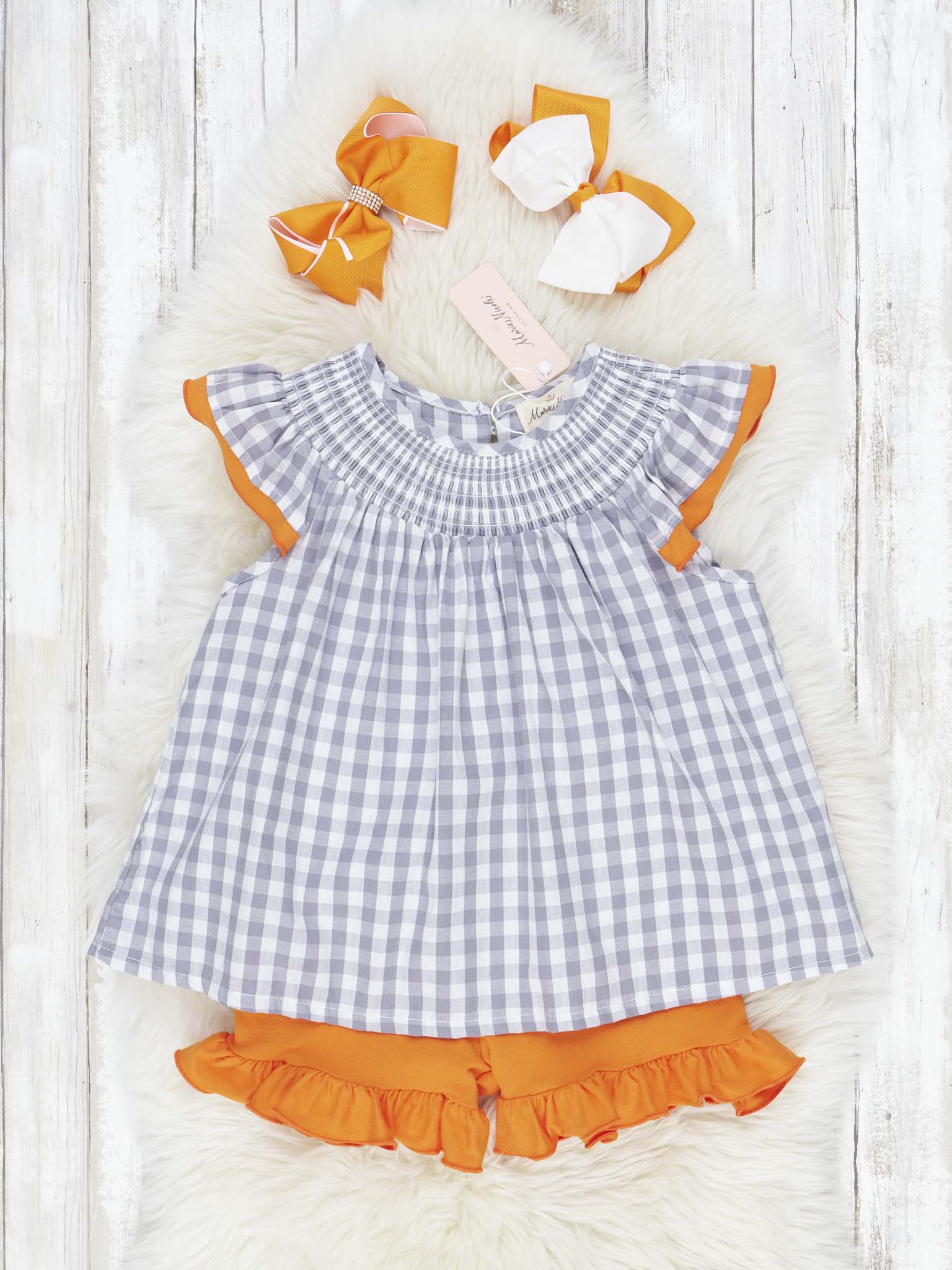 Smocked Gingham Orange & White Ruffle Outfit - Marie Nicole Clothing