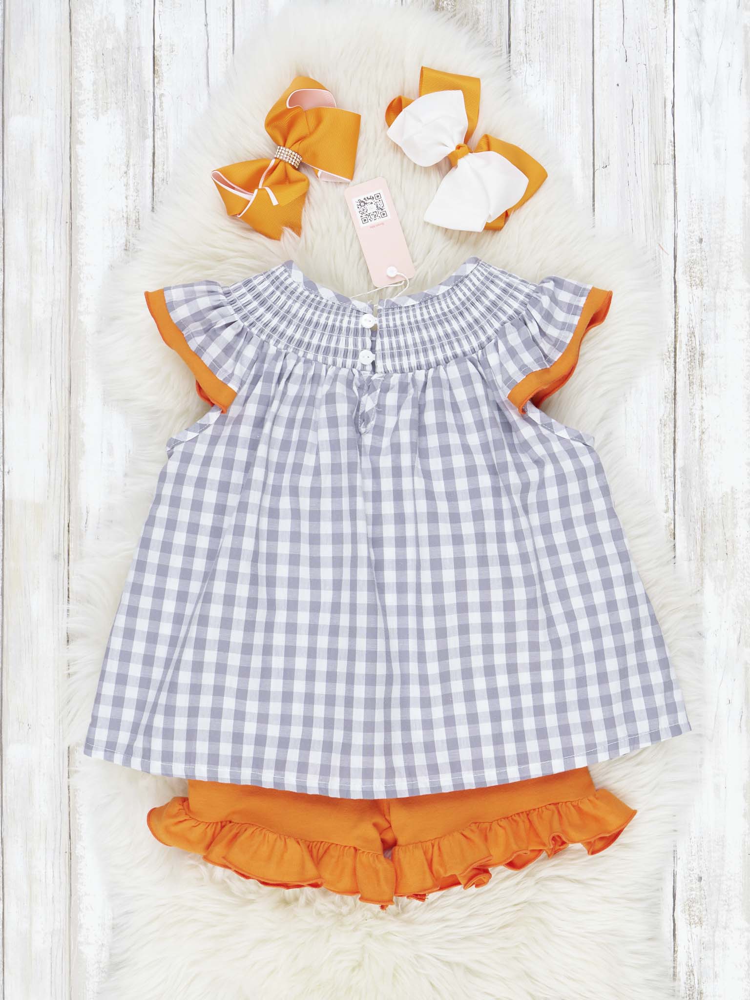 Smocked Gingham Orange & White Ruffle Outfit - Marie Nicole Clothing