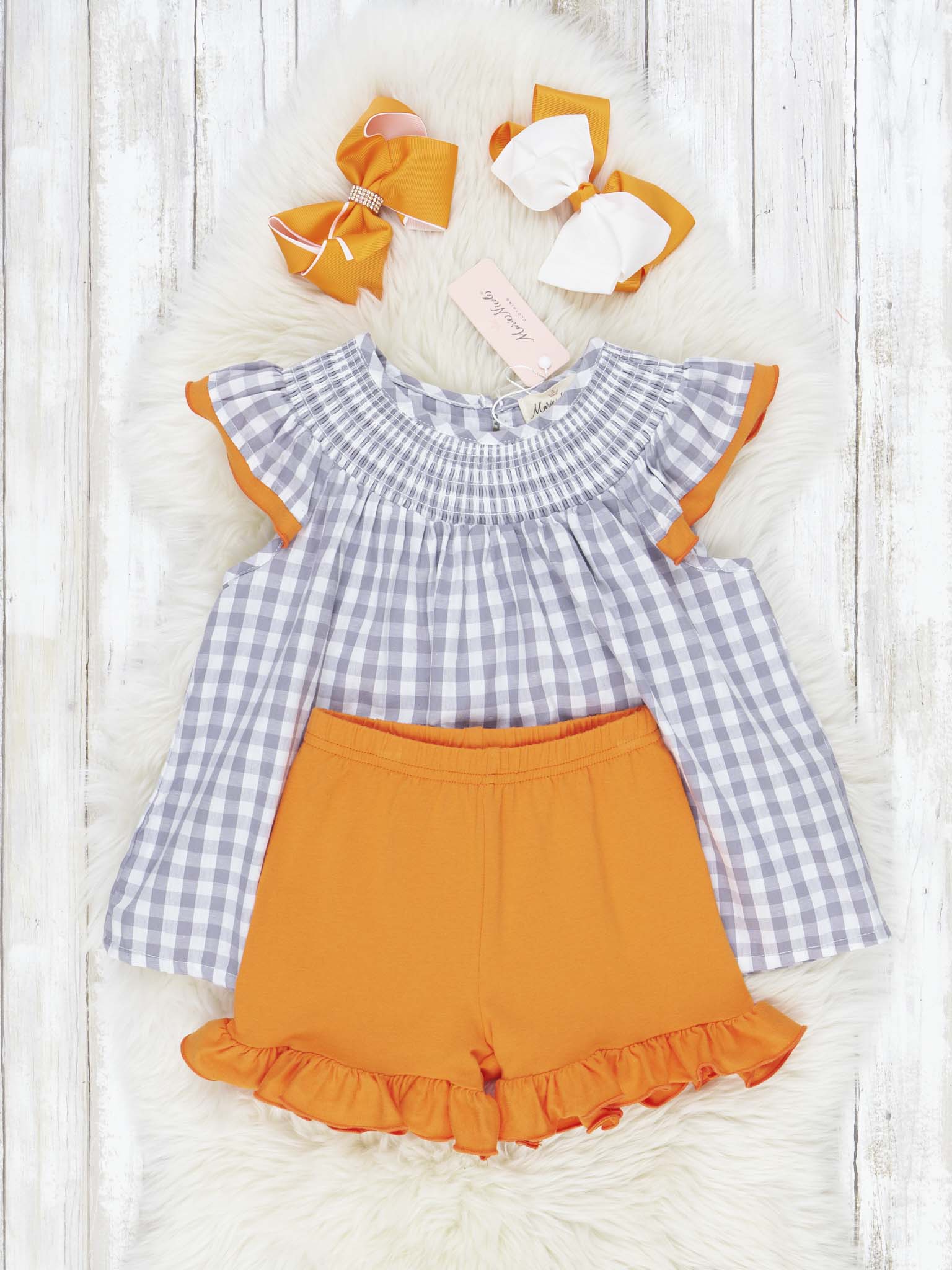 Smocked Gingham Orange & White Ruffle Outfit - Marie Nicole Clothing
