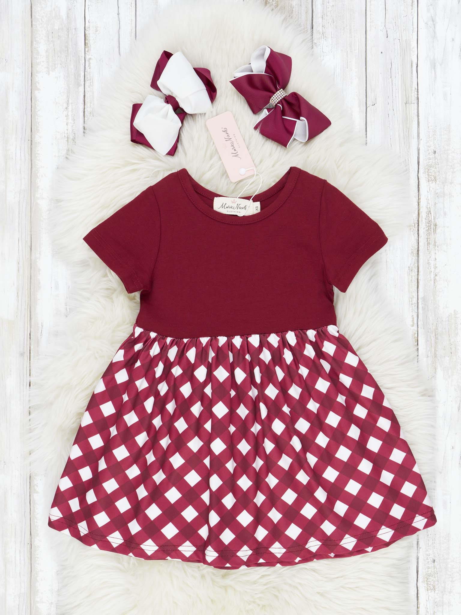 Maroon & White Gingham Dress - Marie Nicole Clothing