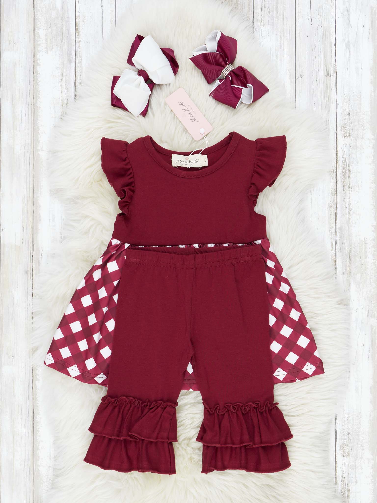 Maroon & White Gingham Ruffle Outfit - Marie Nicole Clothing